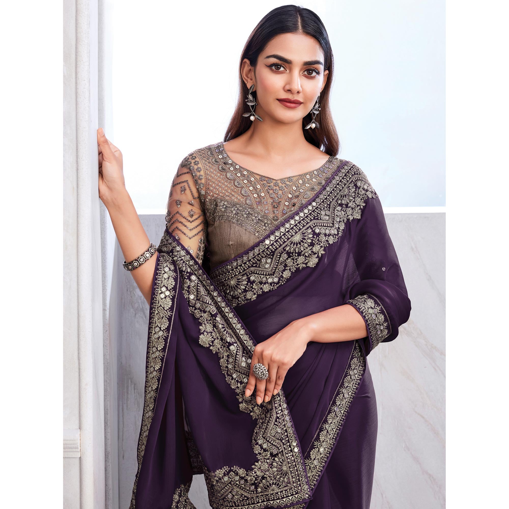 Purple Floral Sequins Embroidered Satin Saree