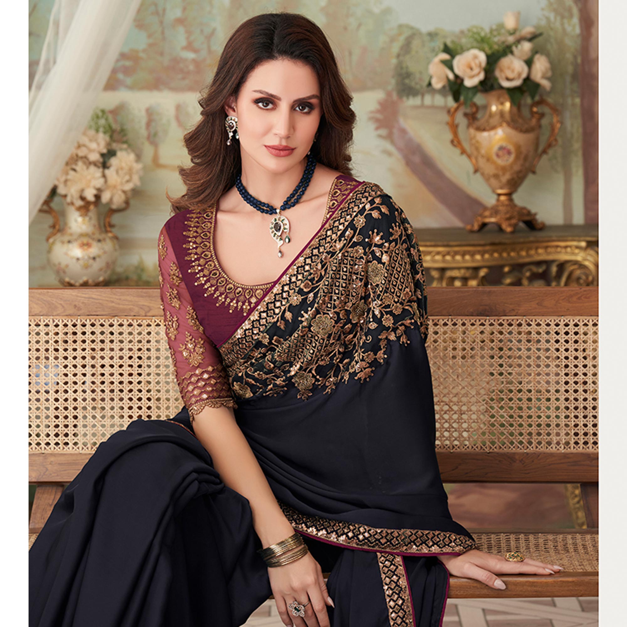 Black Floral Sequin Embroidered Crepe Saree