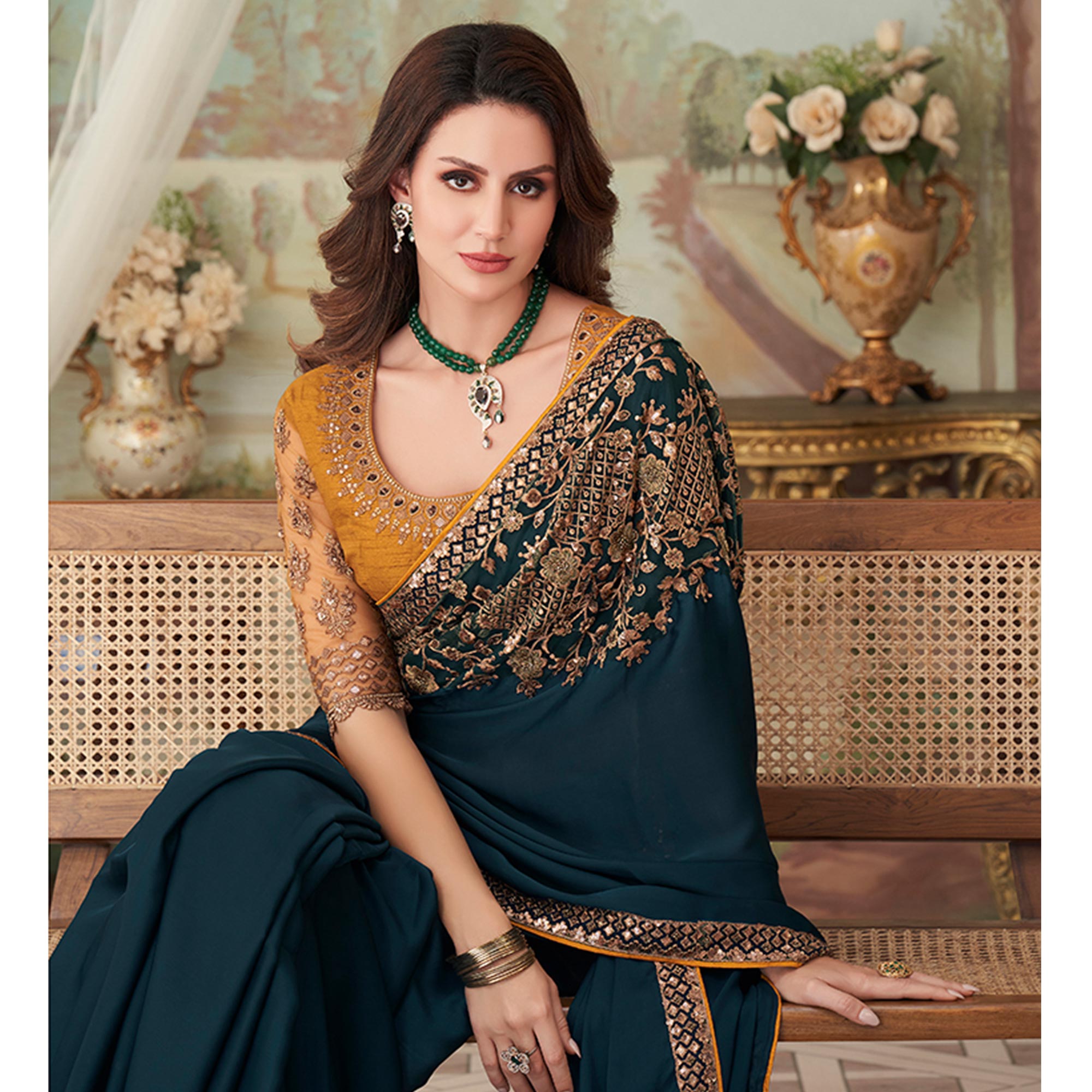 Teal Floral Sequin Embroidered Crepe Saree