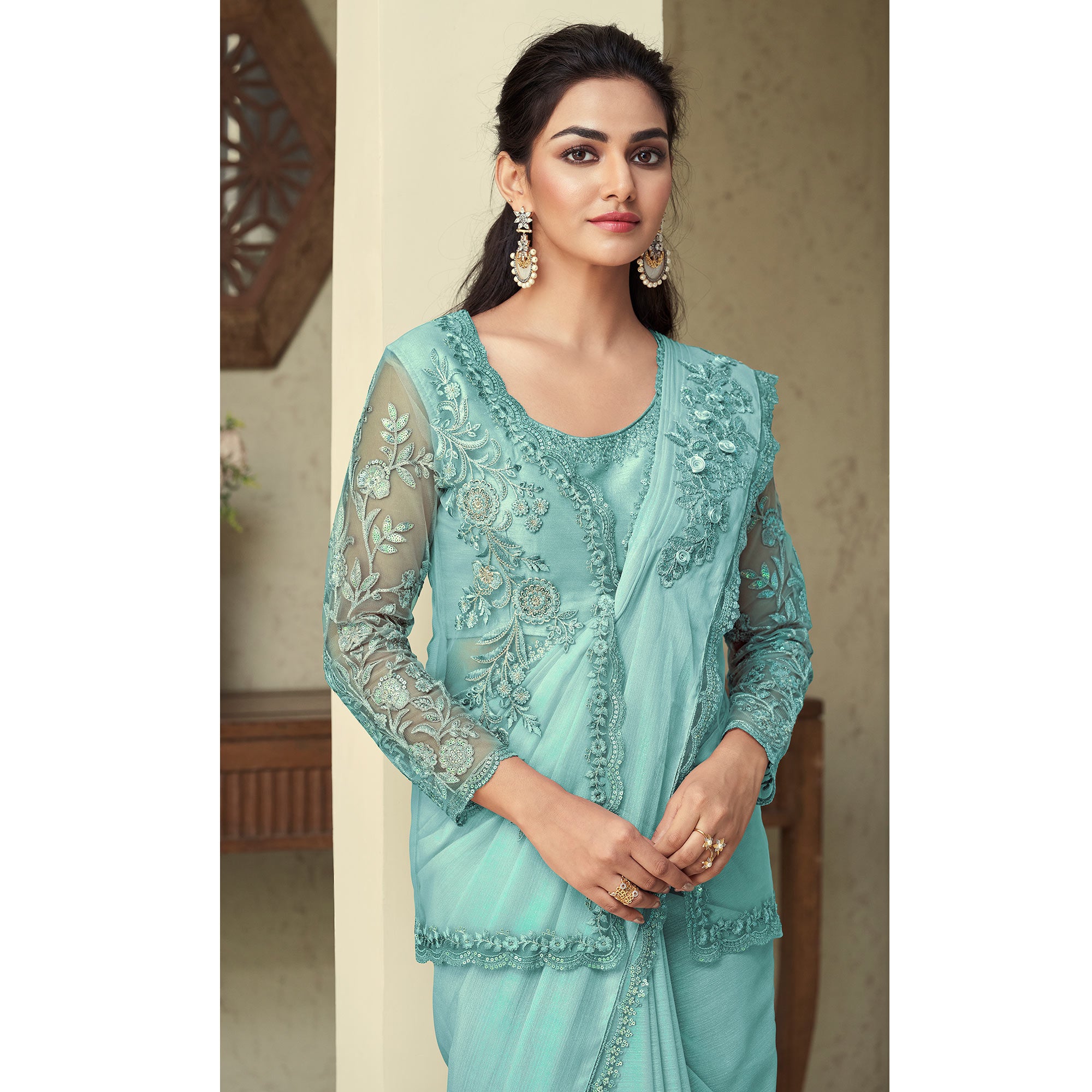 Turquoise Sequins Embroidered Georgette Saree