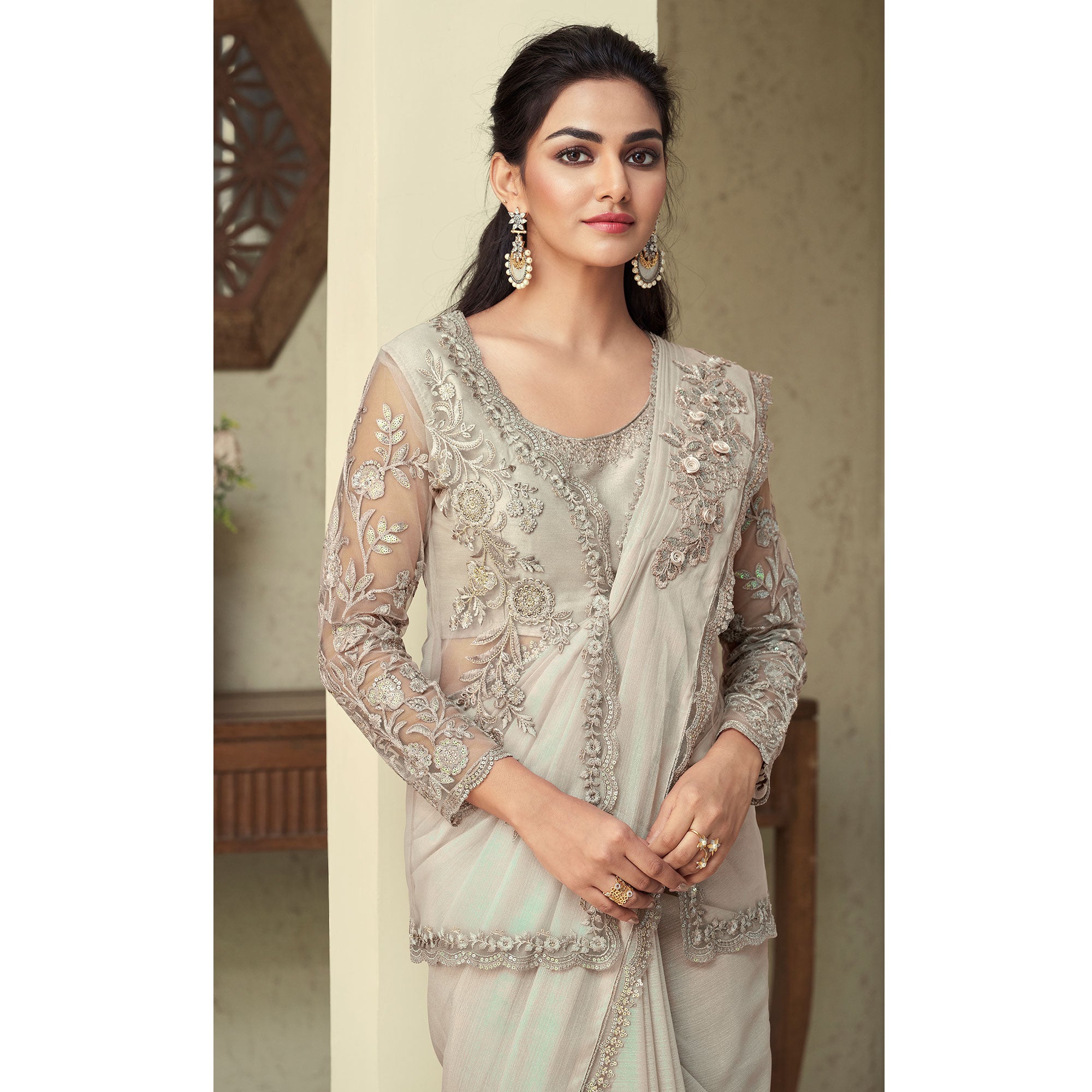 Beige Sequins Embroidered Georgette Saree