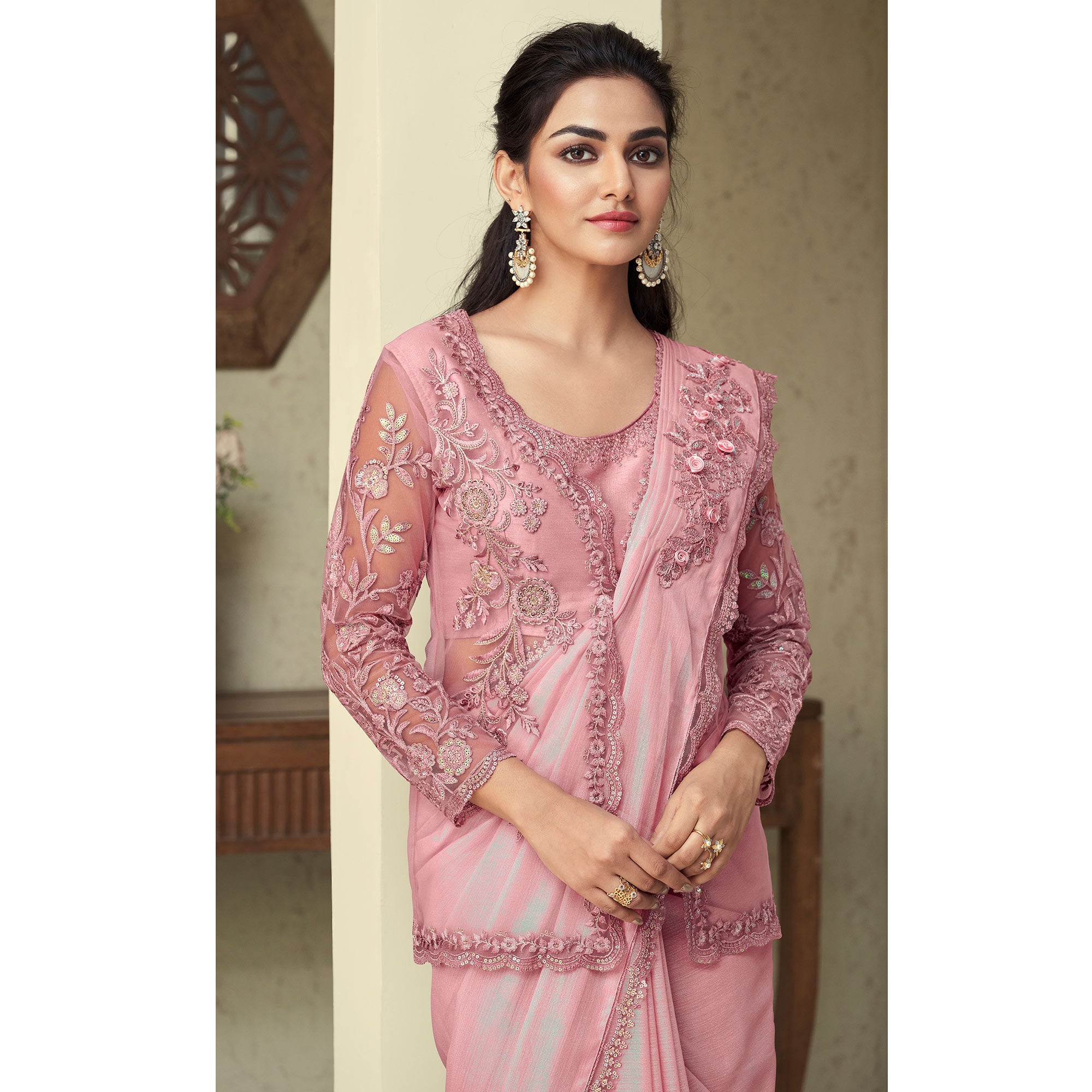 Peach Sequins Embroidered Georgette Saree