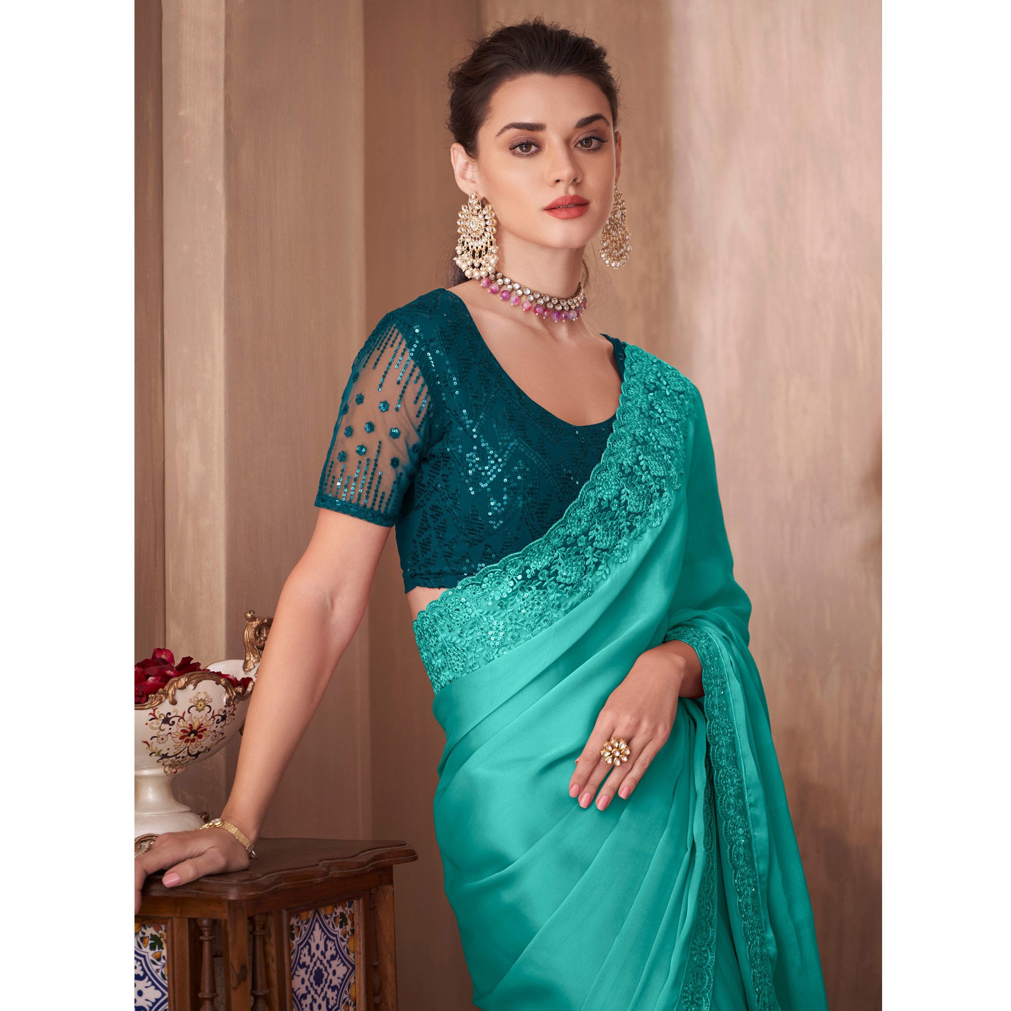 Turquoise Embroidered Satin Saree