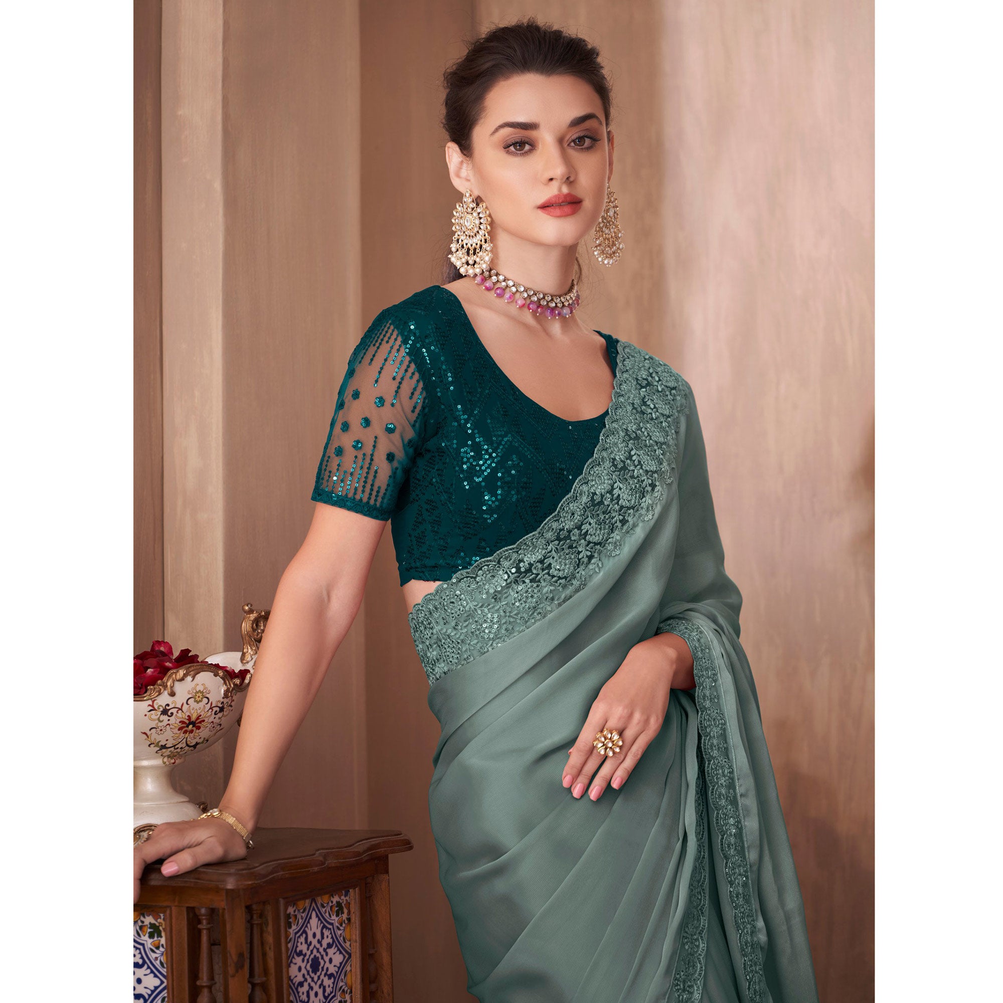 Teal Grey Embroidered Satin Saree