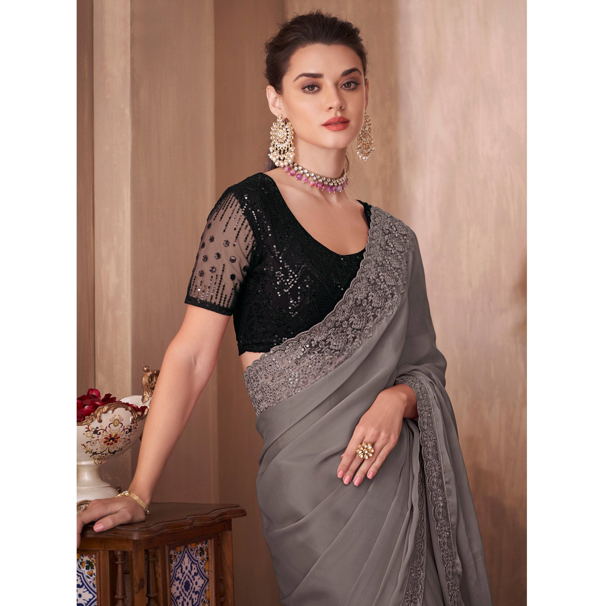 Grey Embroidered Satin Saree