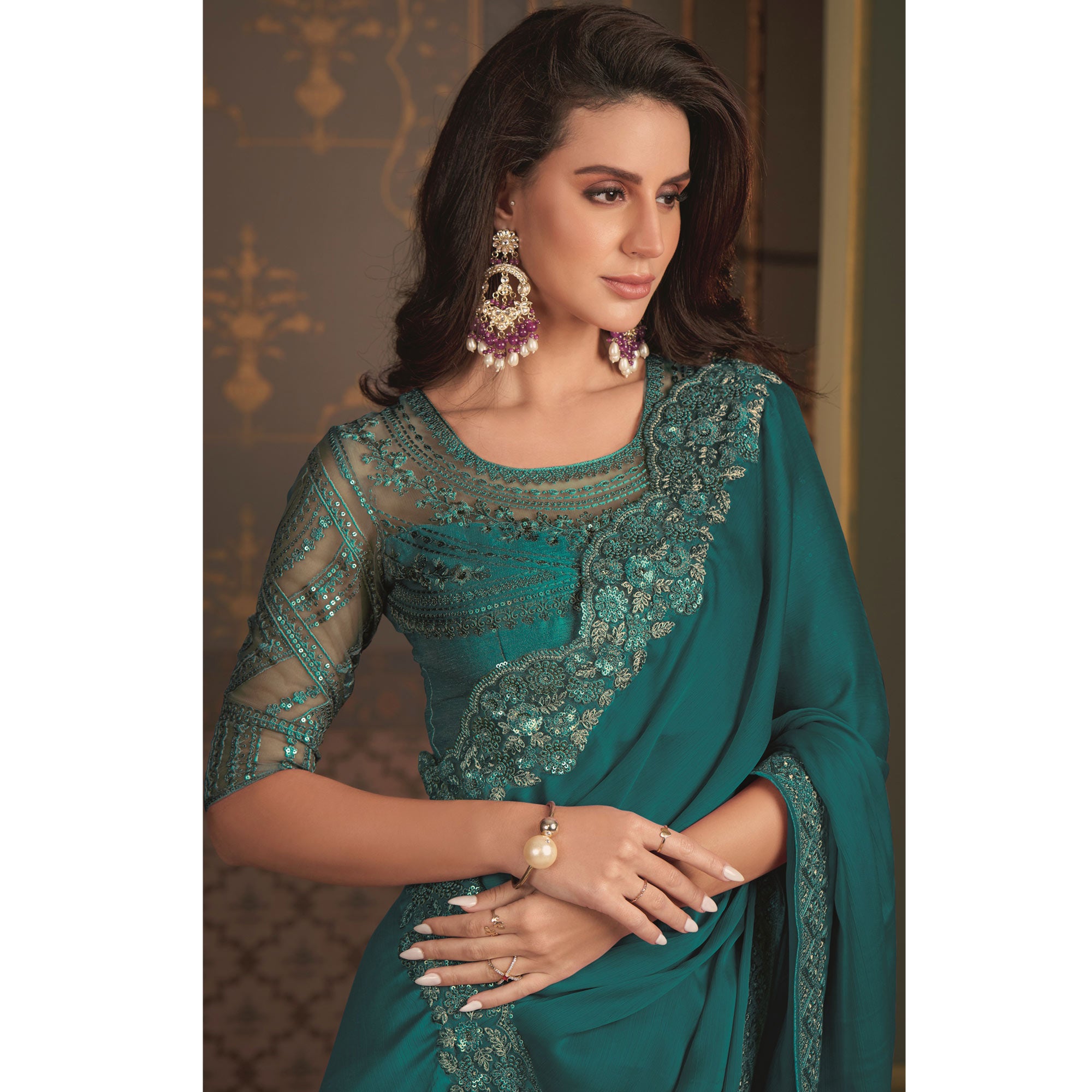 Teal Embroidered Designer Satin Saree