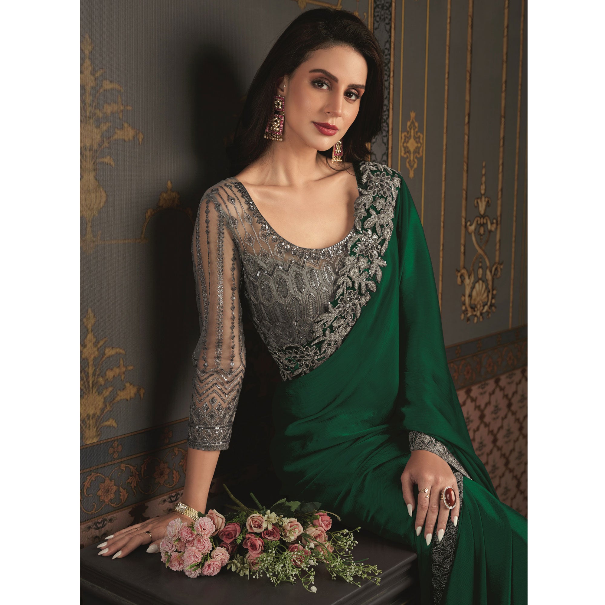 Green Embroidered Designer Satin Saree