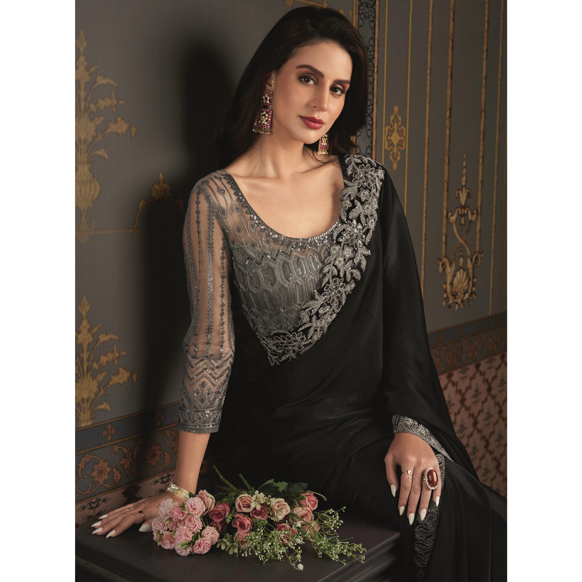 Black Embroidered Designer Satin Saree