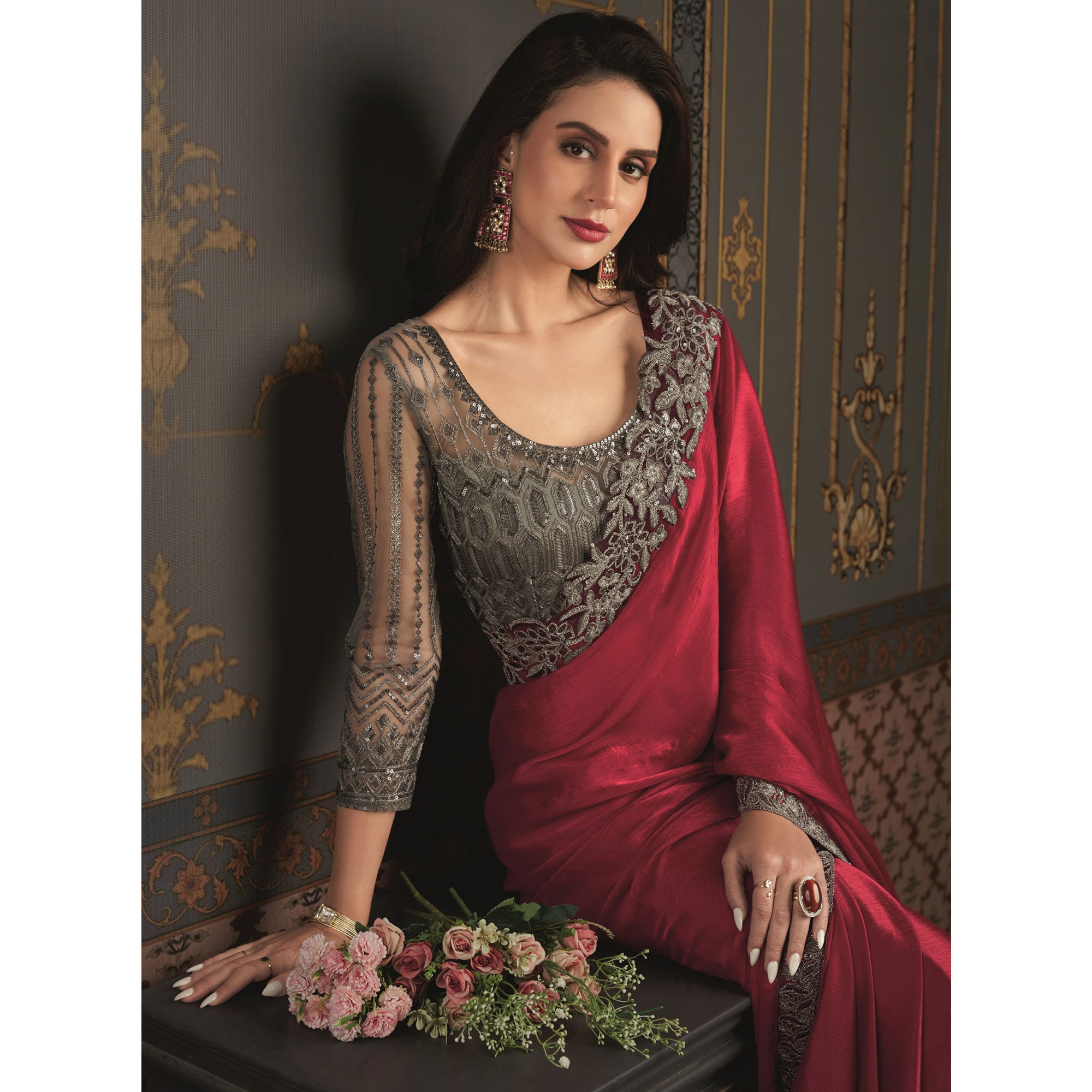 Red Embroidered Designer Satin Saree