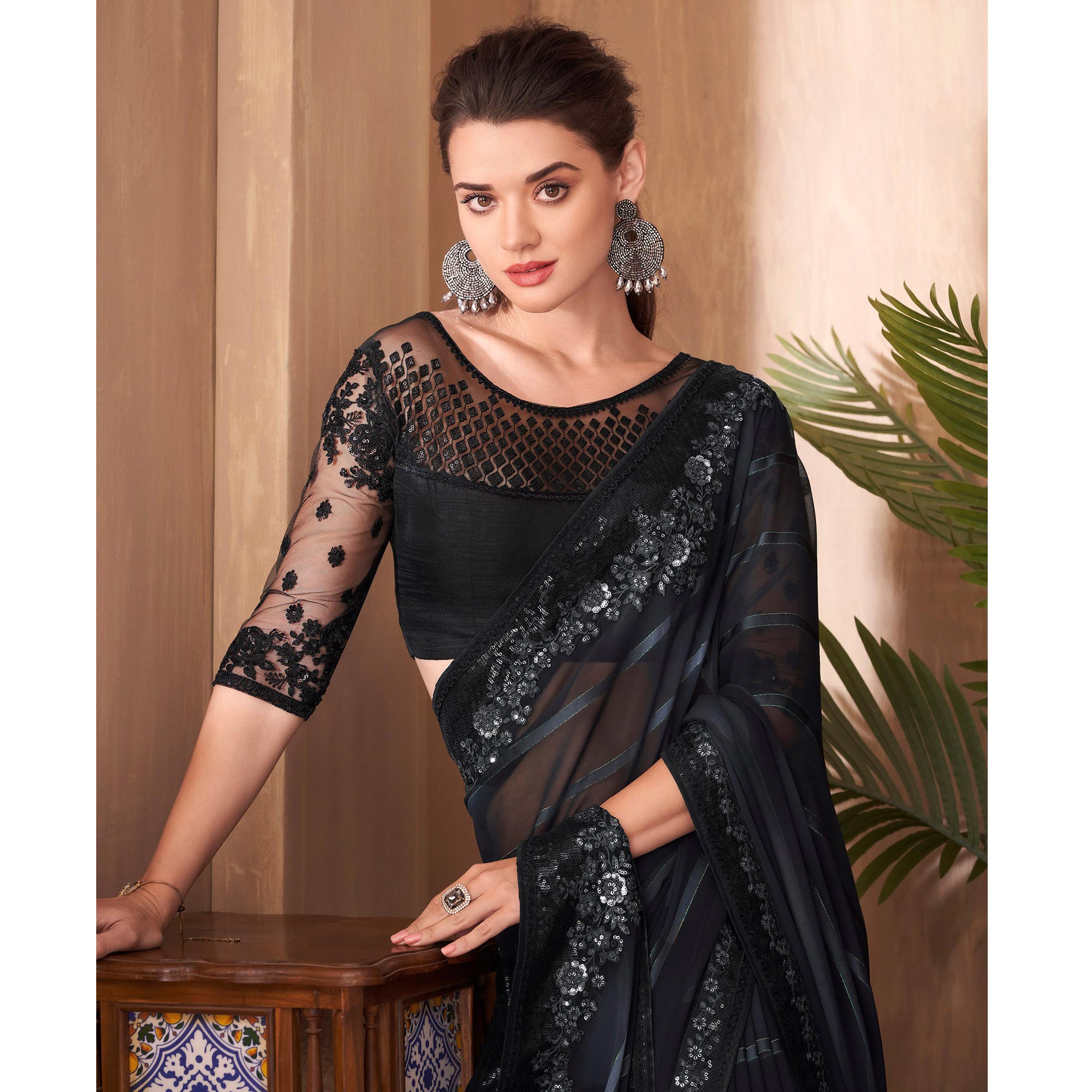 Black Floral Embroidered Georgette Saree
