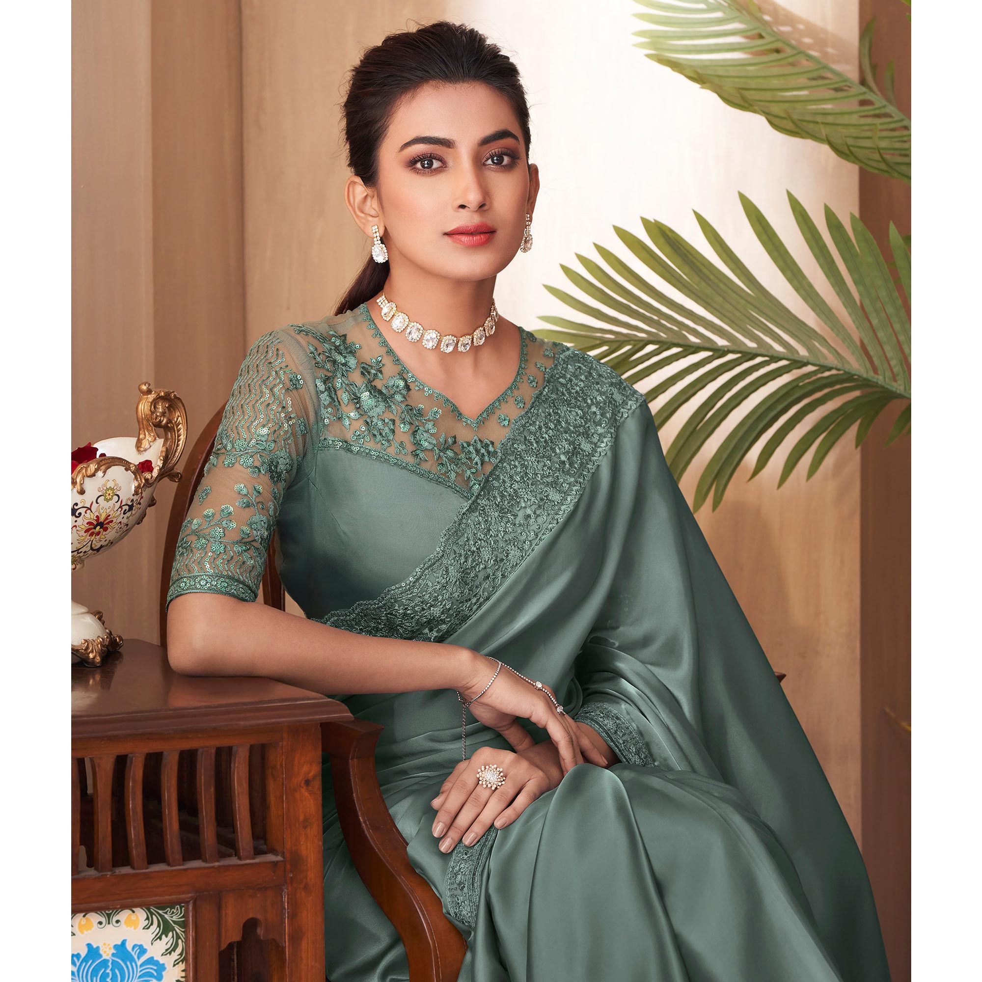 Teal Grey Floral Embroidered Georgette Saree