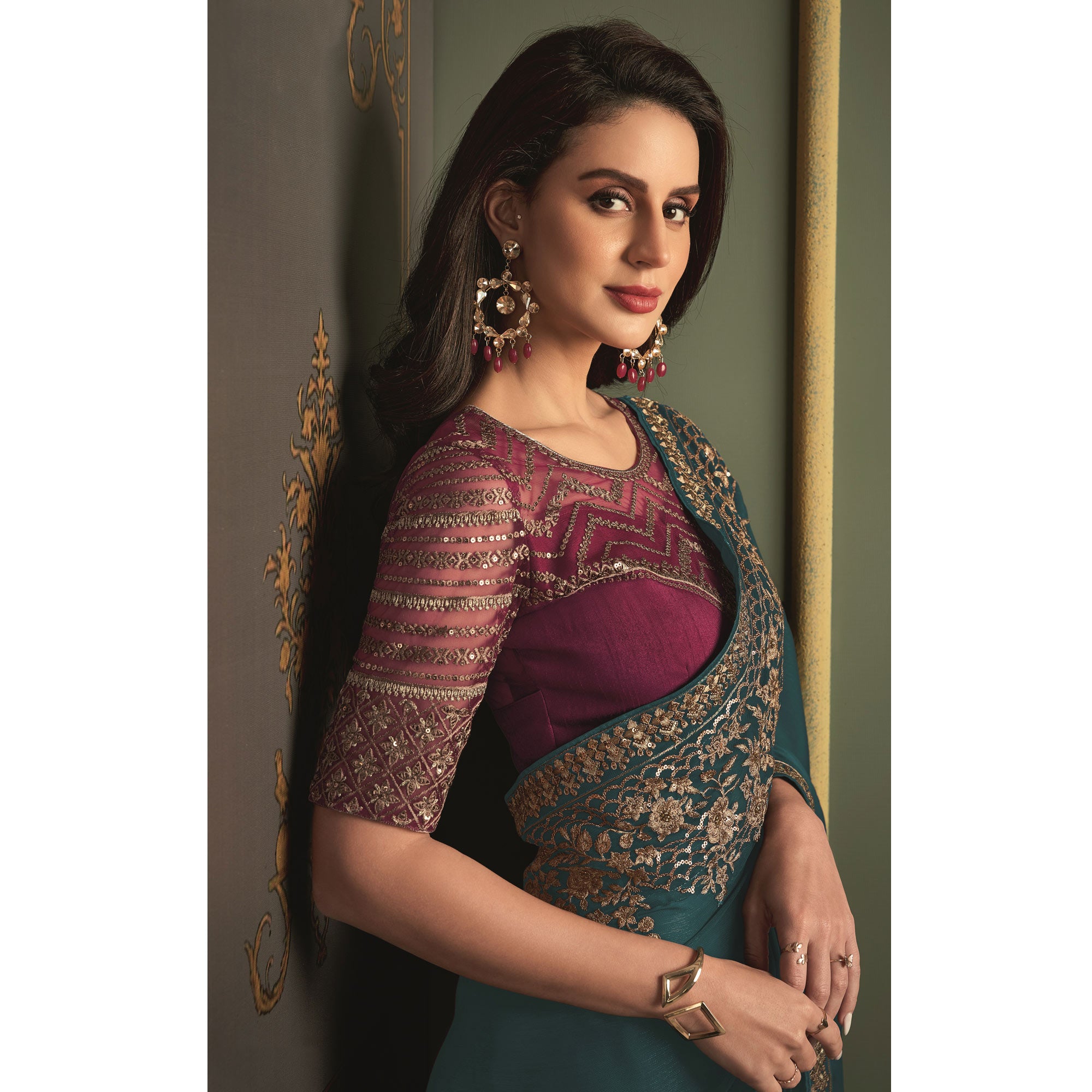 Teal Floral Sequins Embroidered Satin Saree