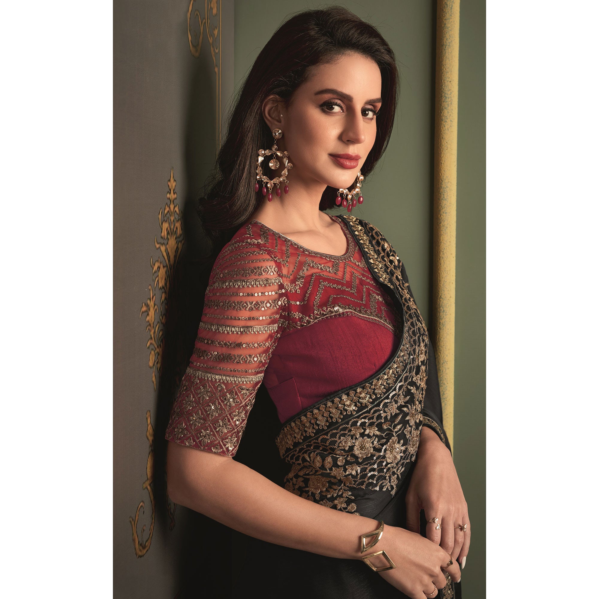 Black Floral Sequins Embroidered Satin Saree