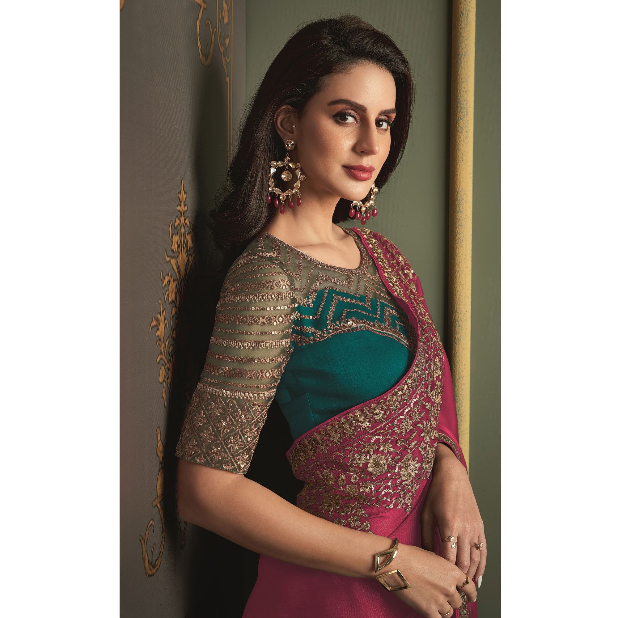 Pink Floral Sequins Embroidered Satin Saree