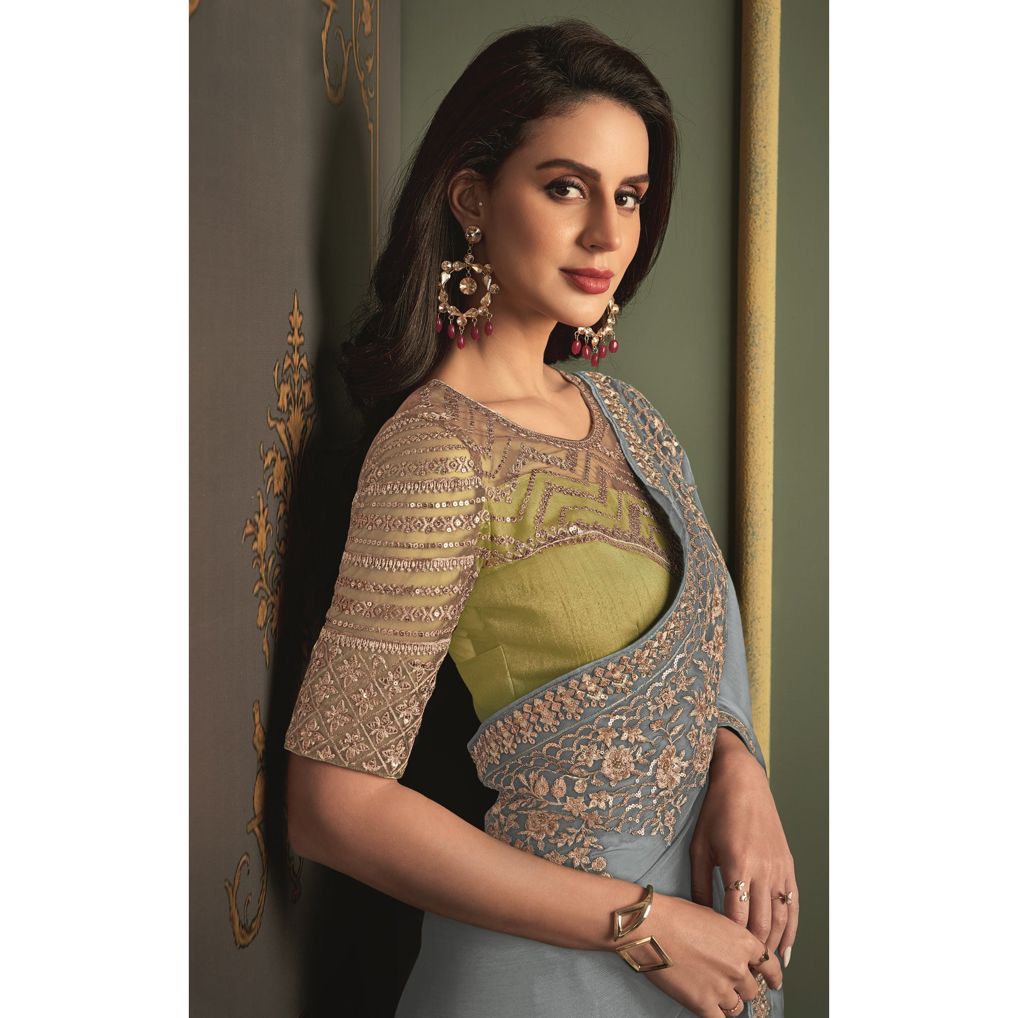 Bluish Grey Floral Sequins Embroidered Satin Saree