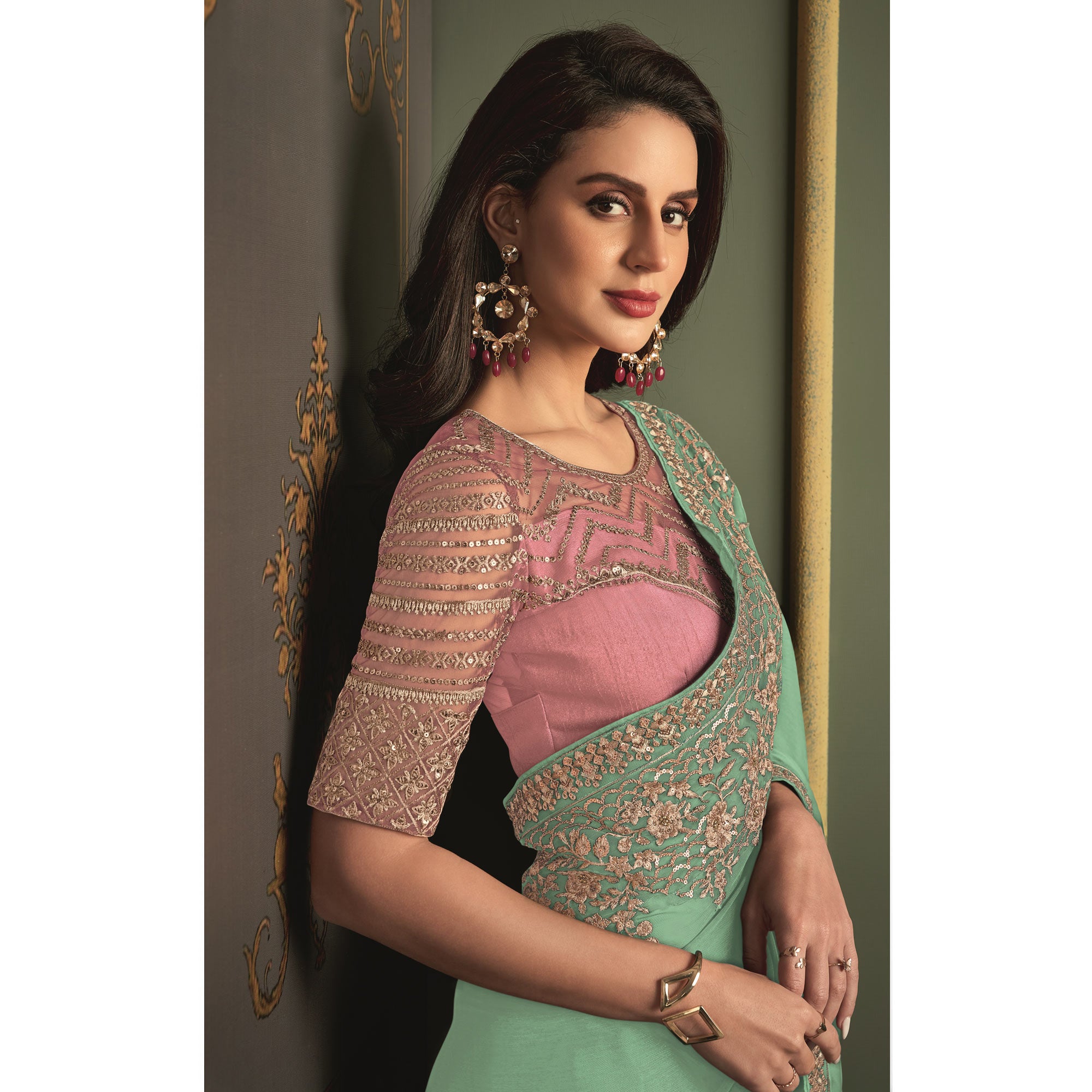 Sea Green Floral Sequins Embroidered Satin Saree