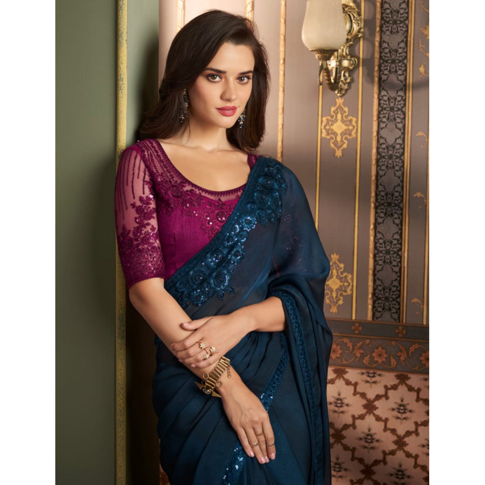 Teal Blue Embroidered Satin Saree
