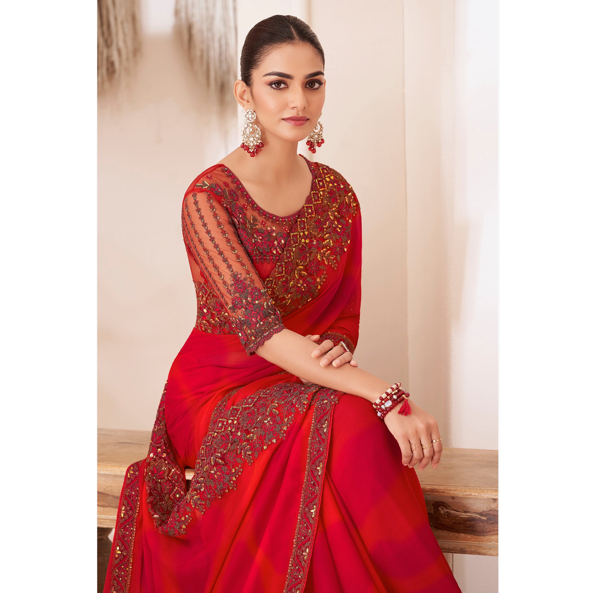 Red Embroidered Chiffon Saree