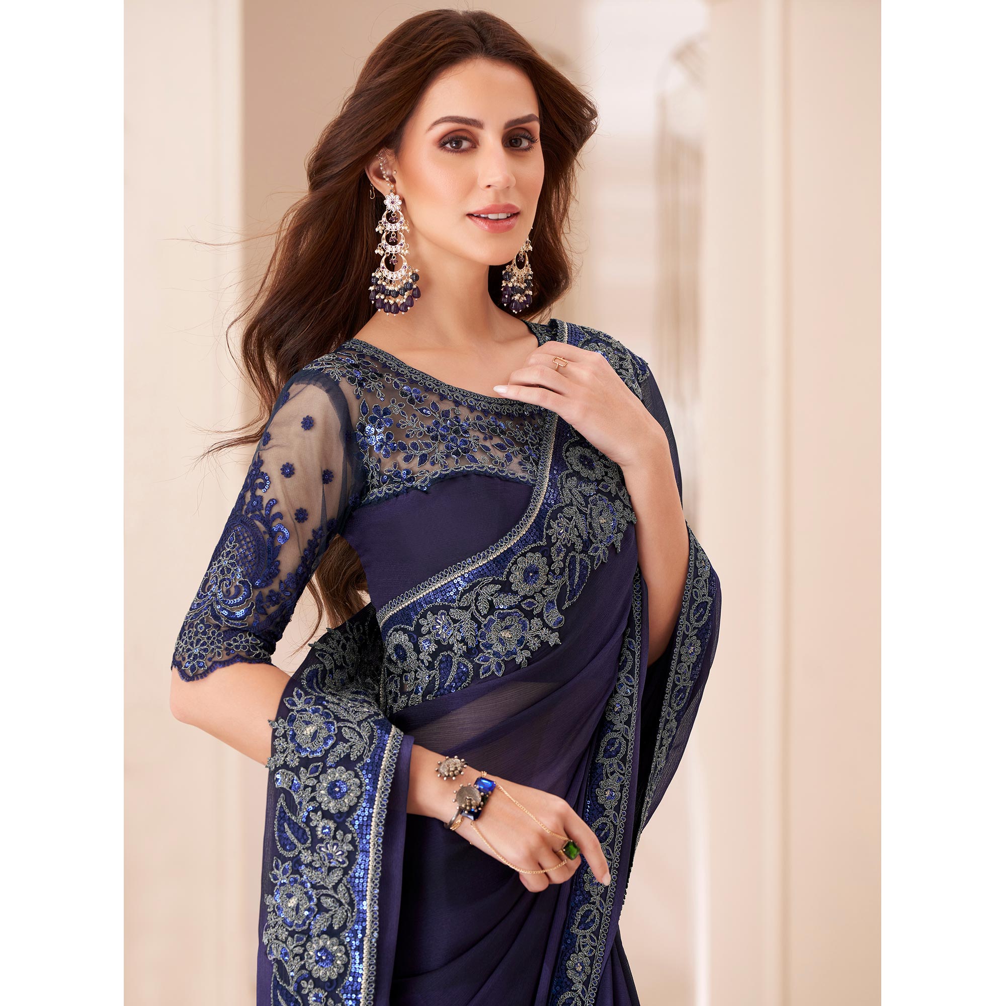Blue Embroidered Chiffon Saree