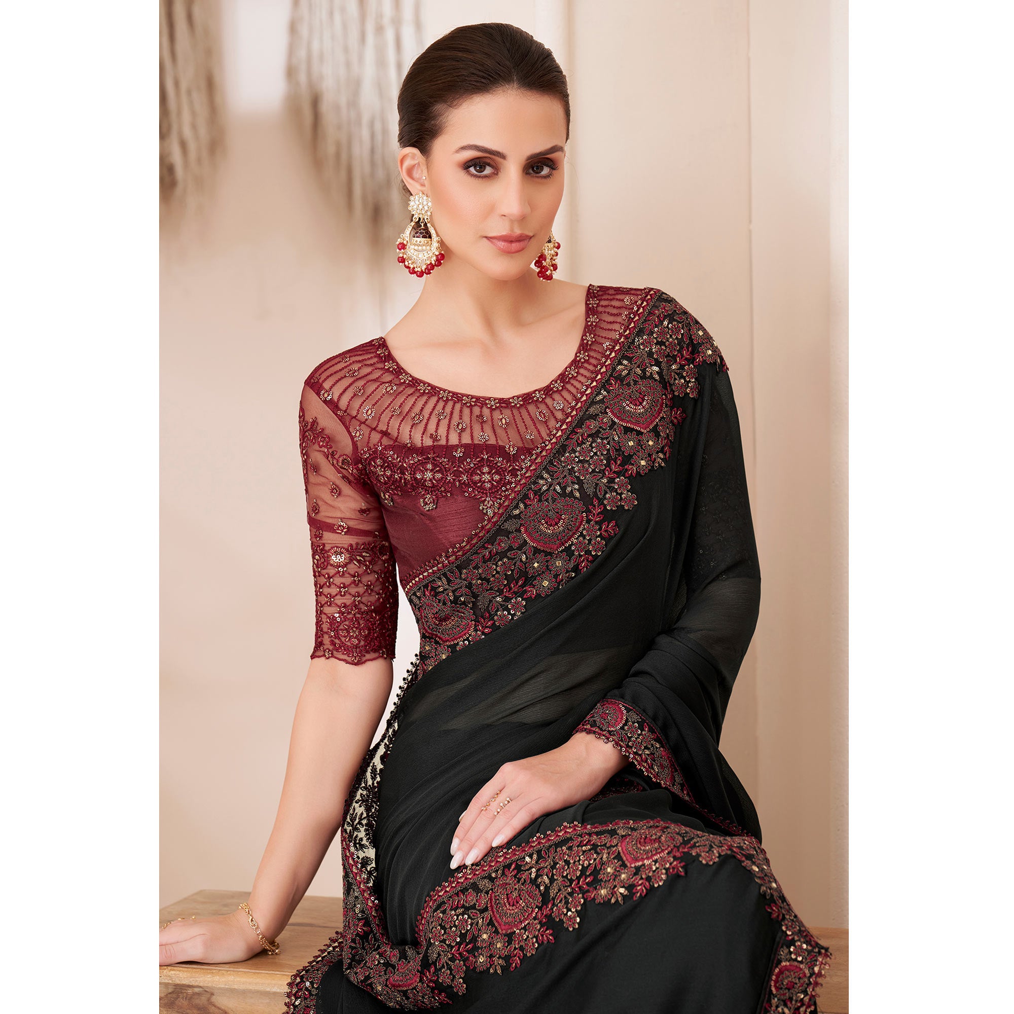 Black Embroidered Chiffon Saree