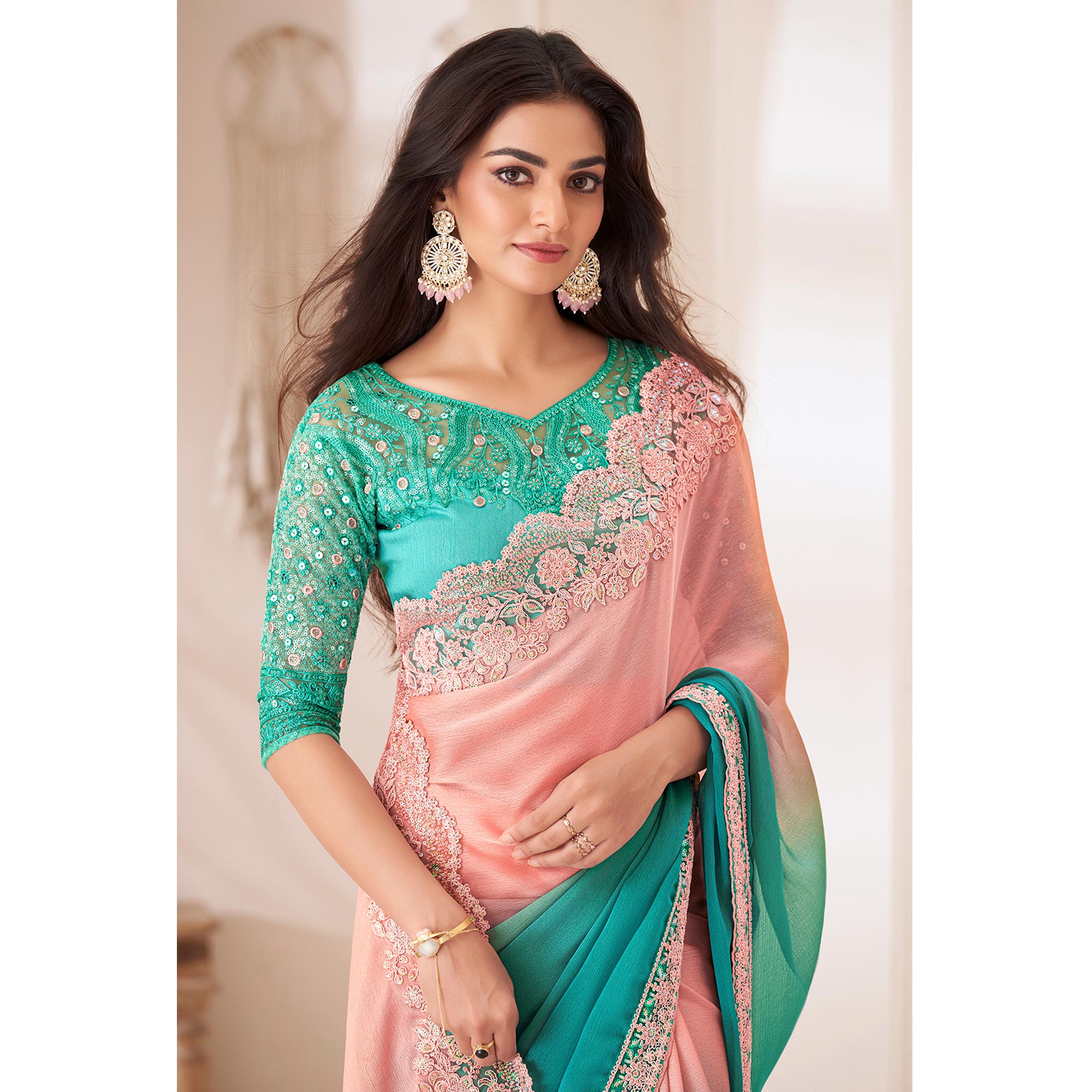 Peach & Turquoise Embroidered Chiffon Saree