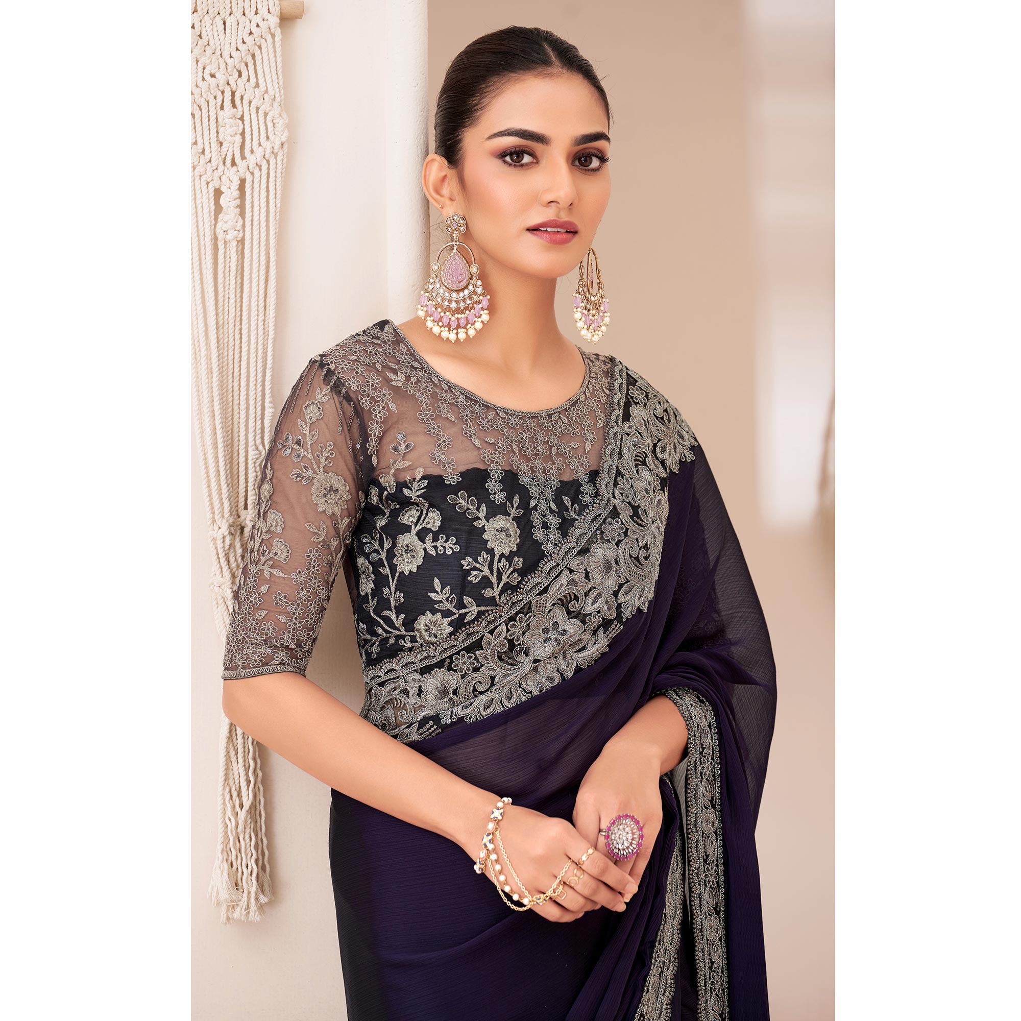 Navy Blue Embroidered Georgette Saree