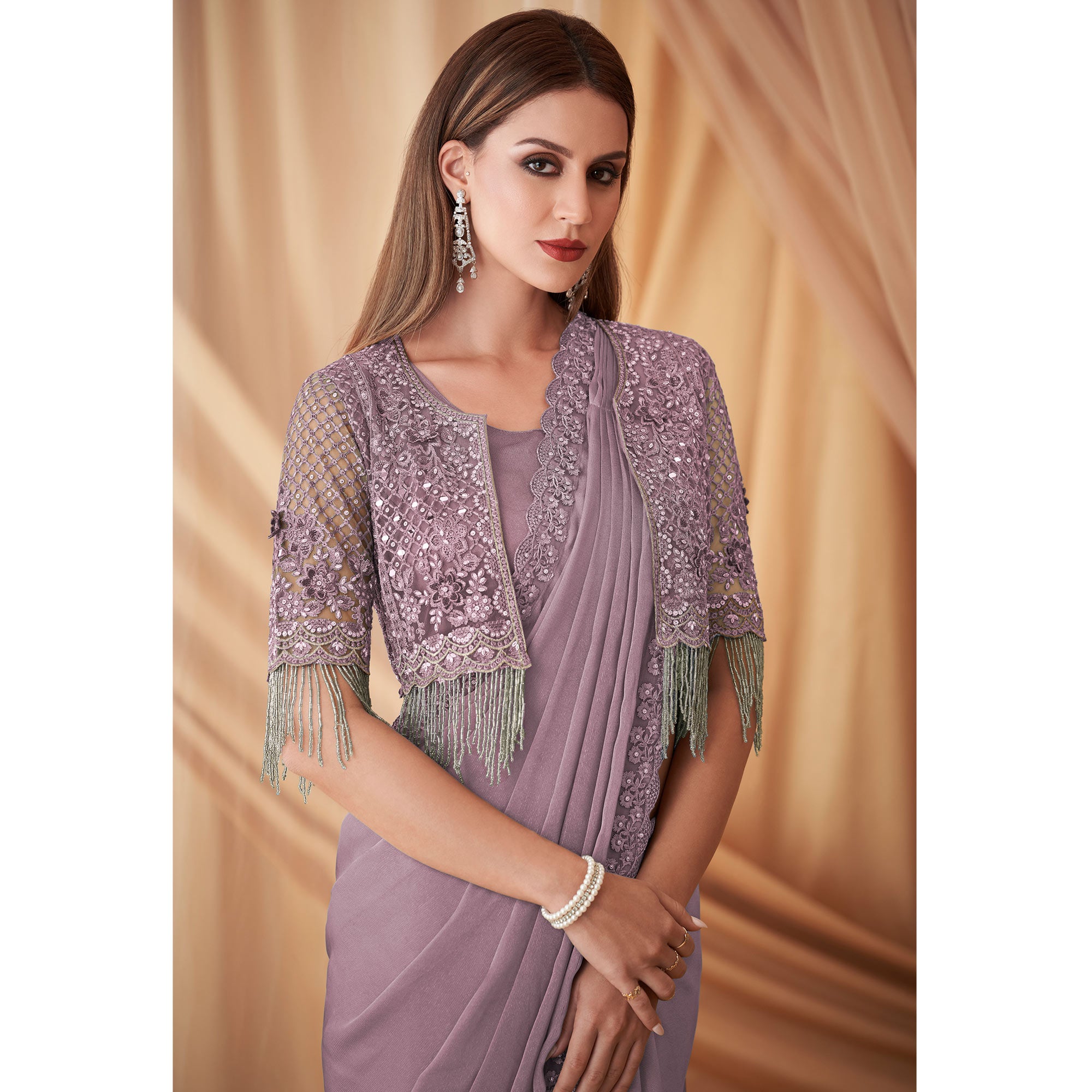 Lavender Embroidered Satin Saree With Jacket