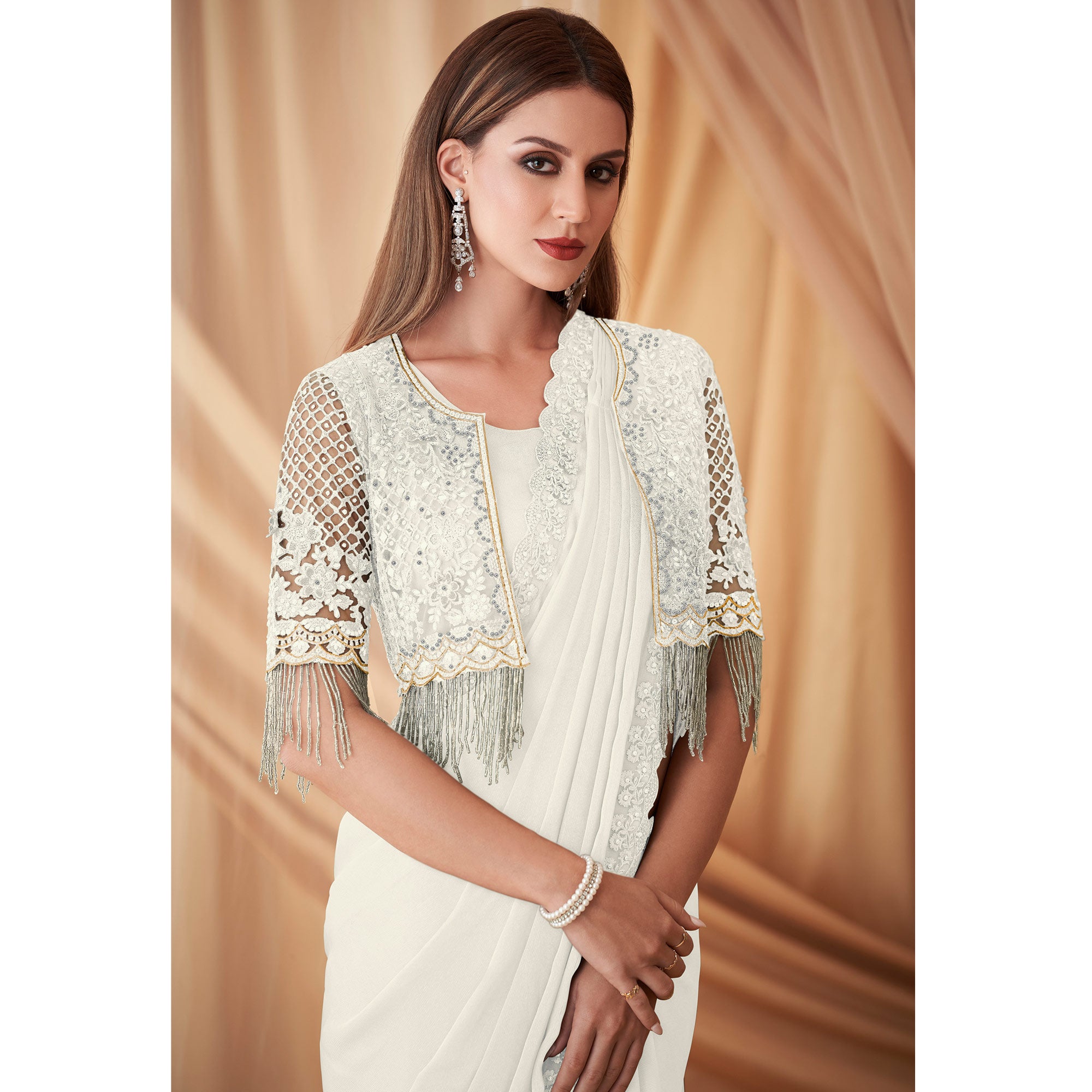 Off White Embroidered Satin Saree With Jacket
