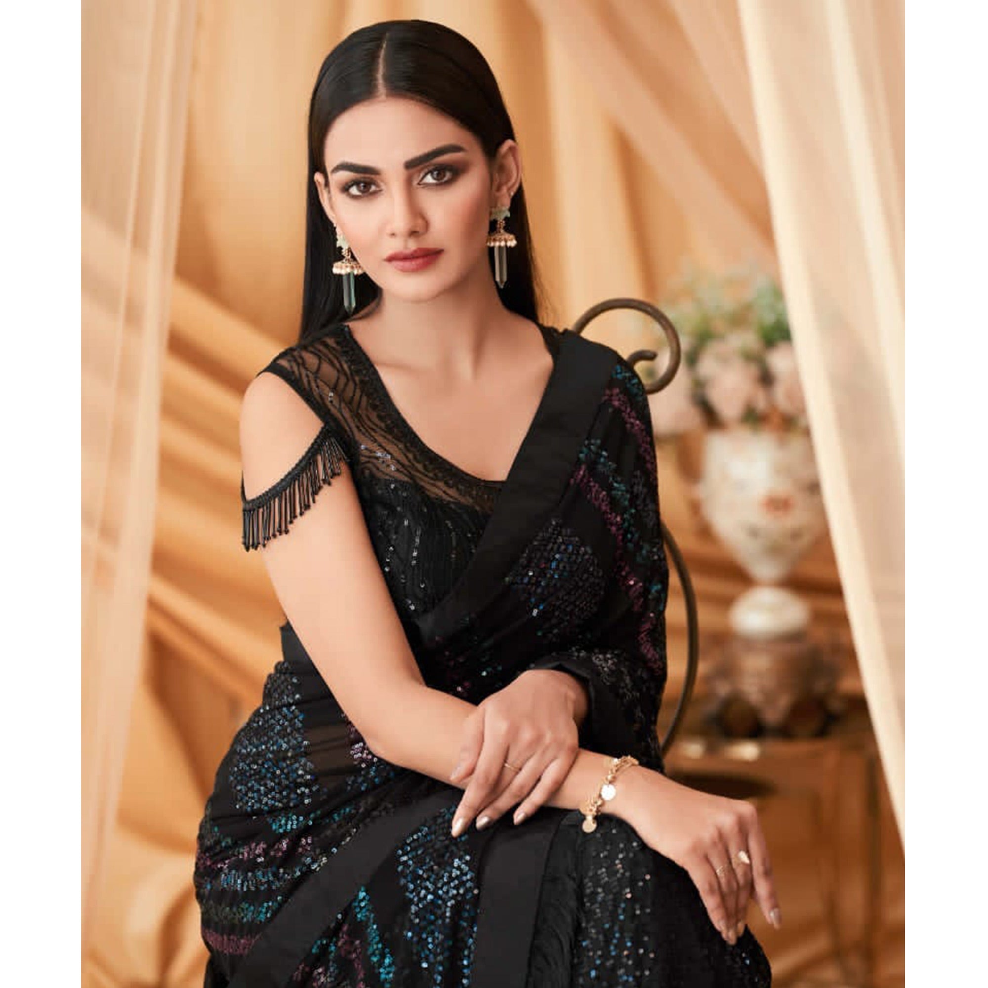 Black Sequins Embroidered Georgette Saree With Tassels