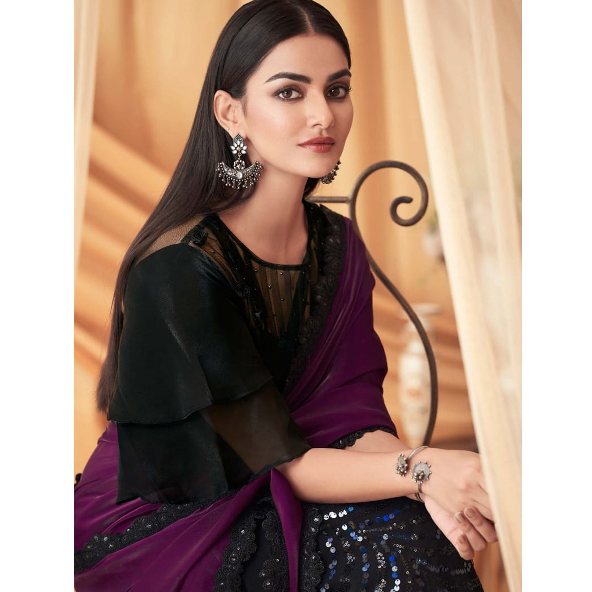 Purple & Black Sequins Embroidered Georgette Saree With Tassels
