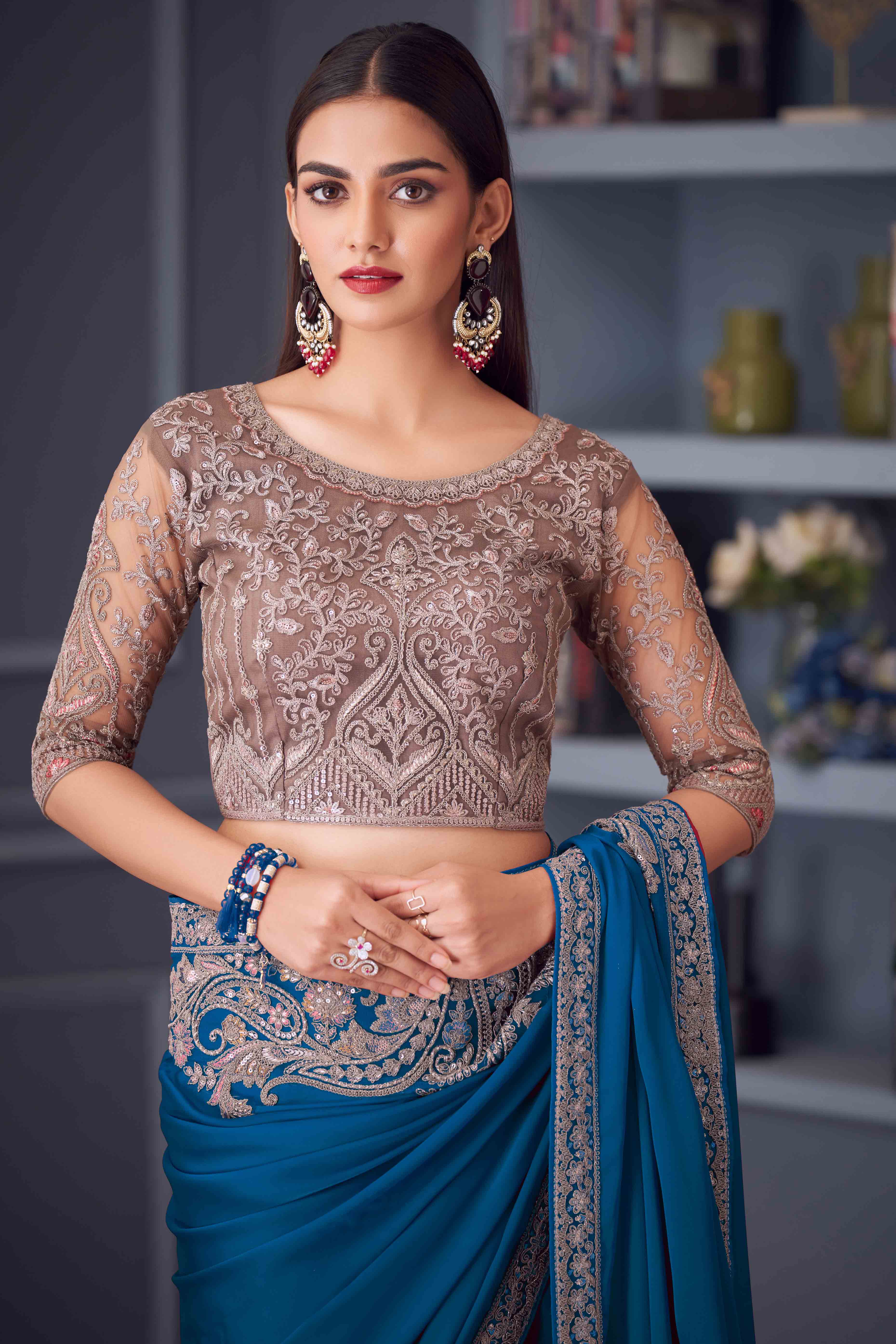 Blue Satin Saree Embellished with Sequin Work