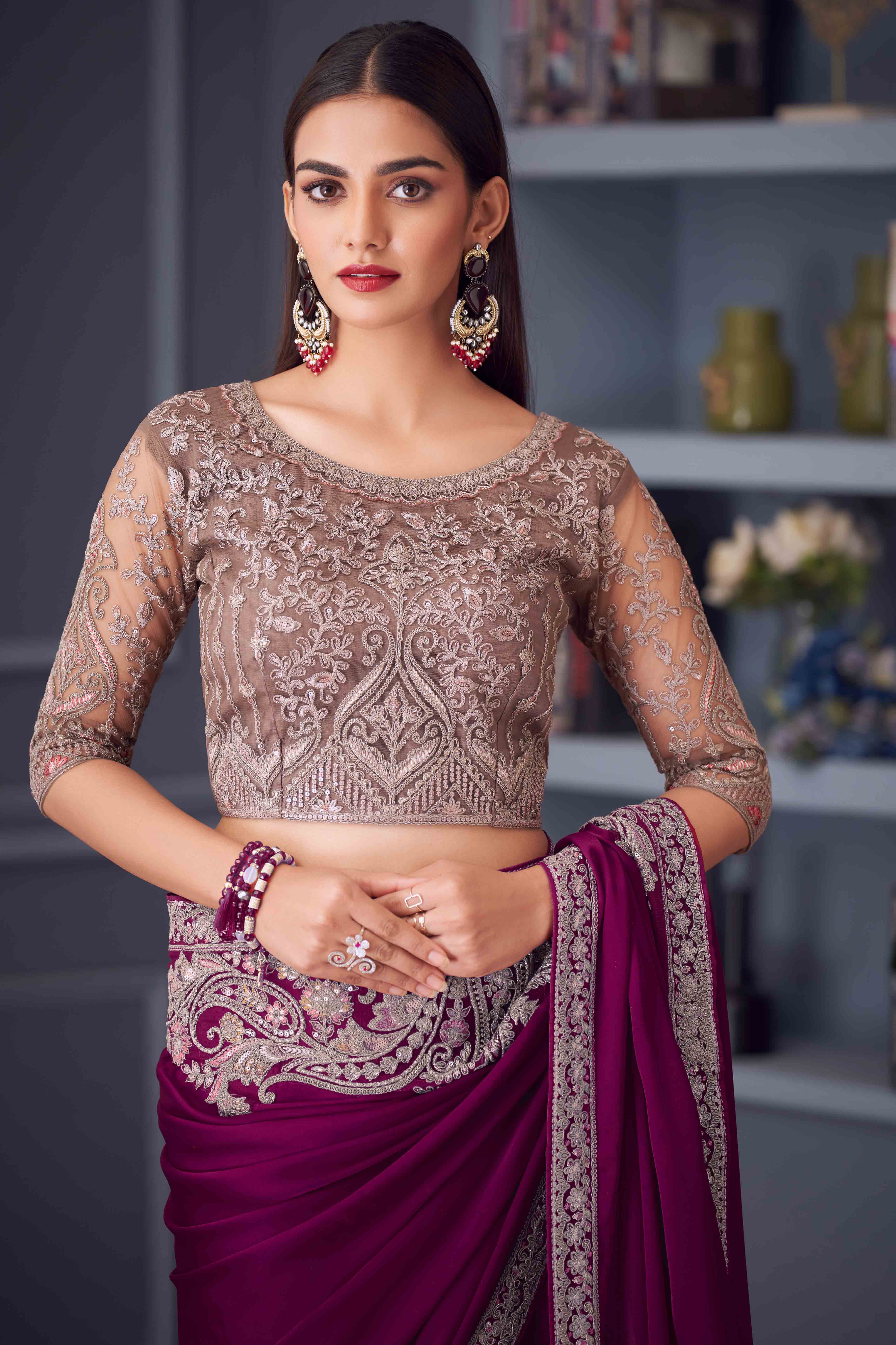 Purple Satin Saree Embellished with Sequin Work