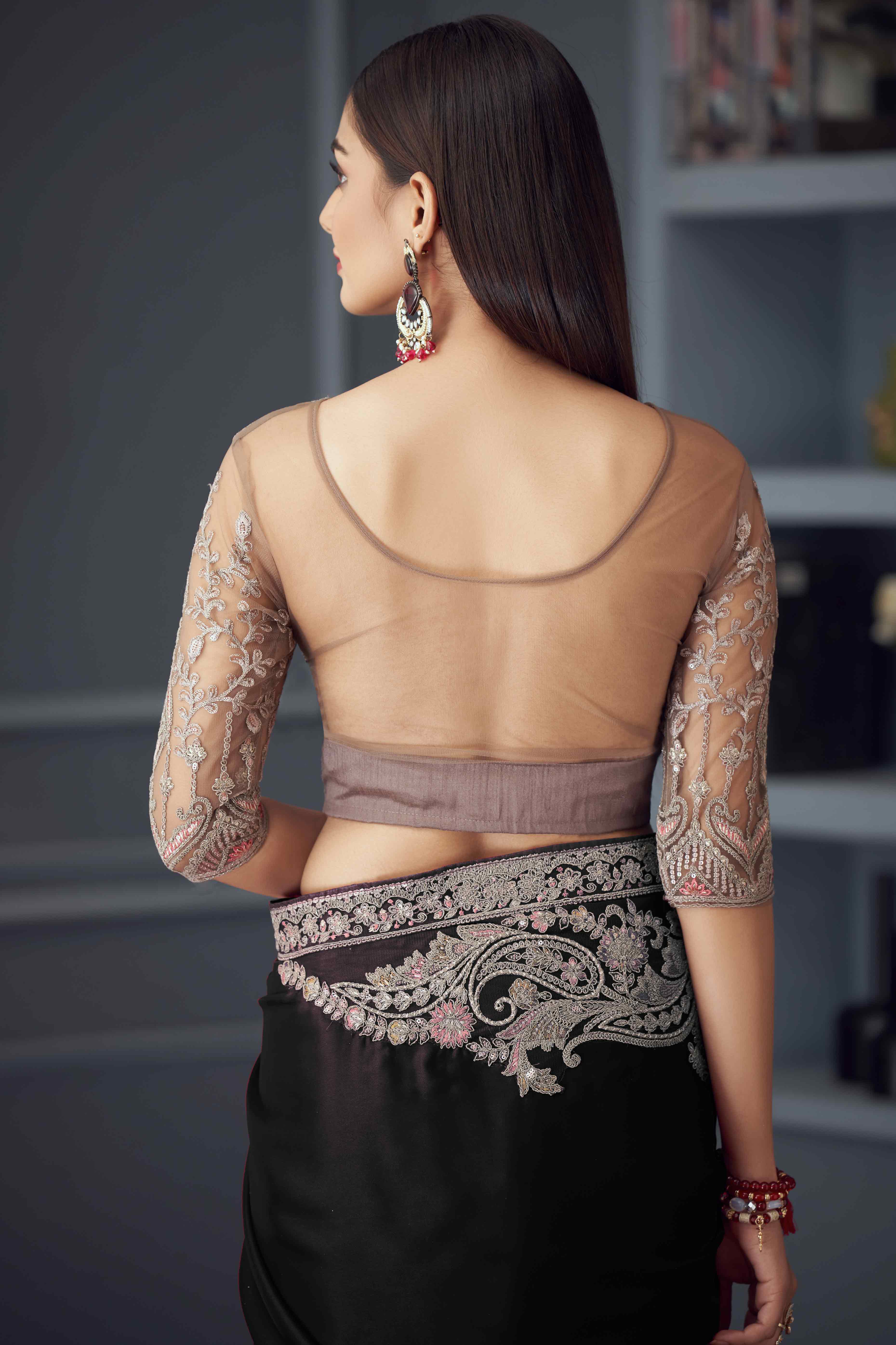 Black Satin Saree Embellished with Sequin Work