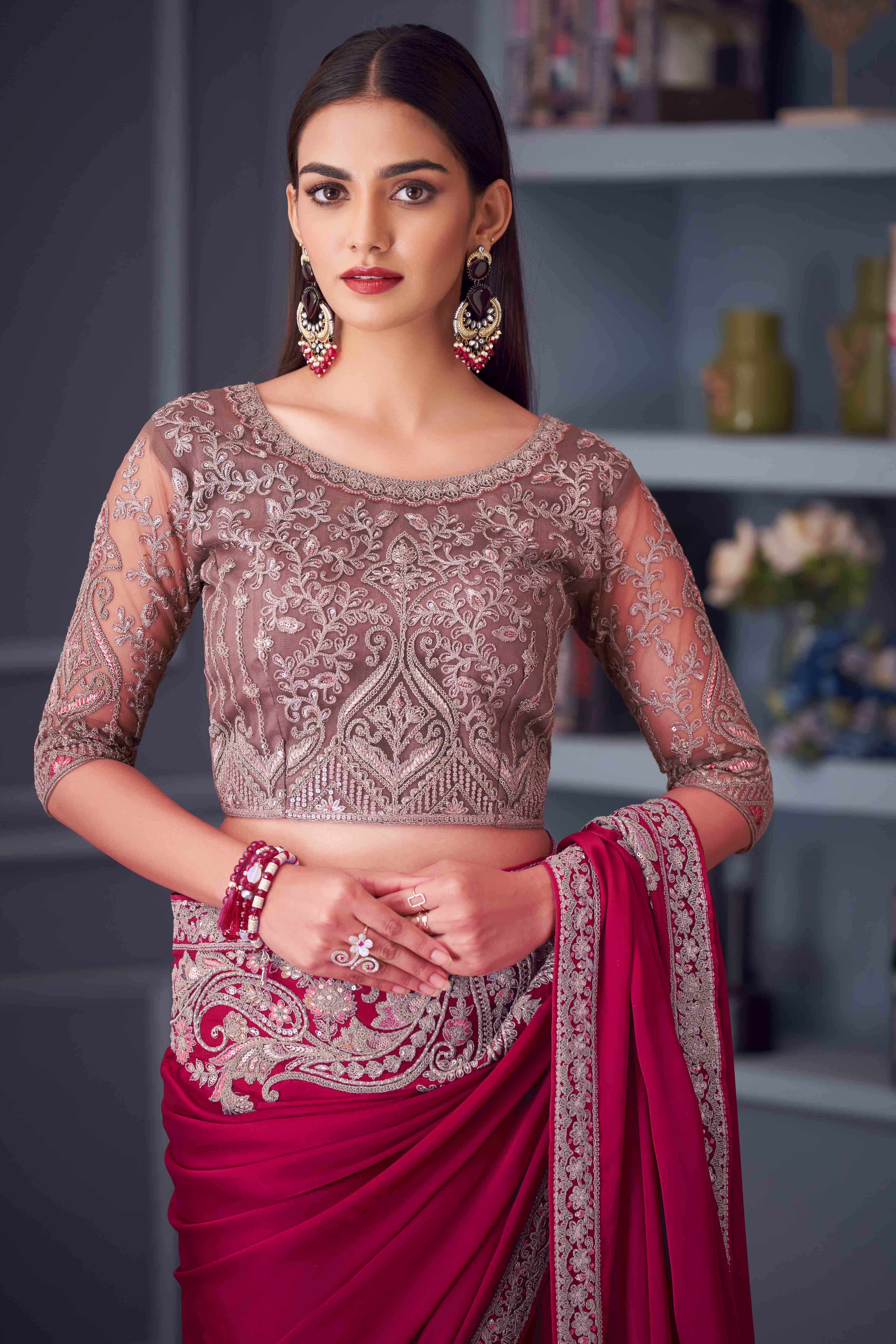 Pink Satin Saree Embellished with Sequin Work