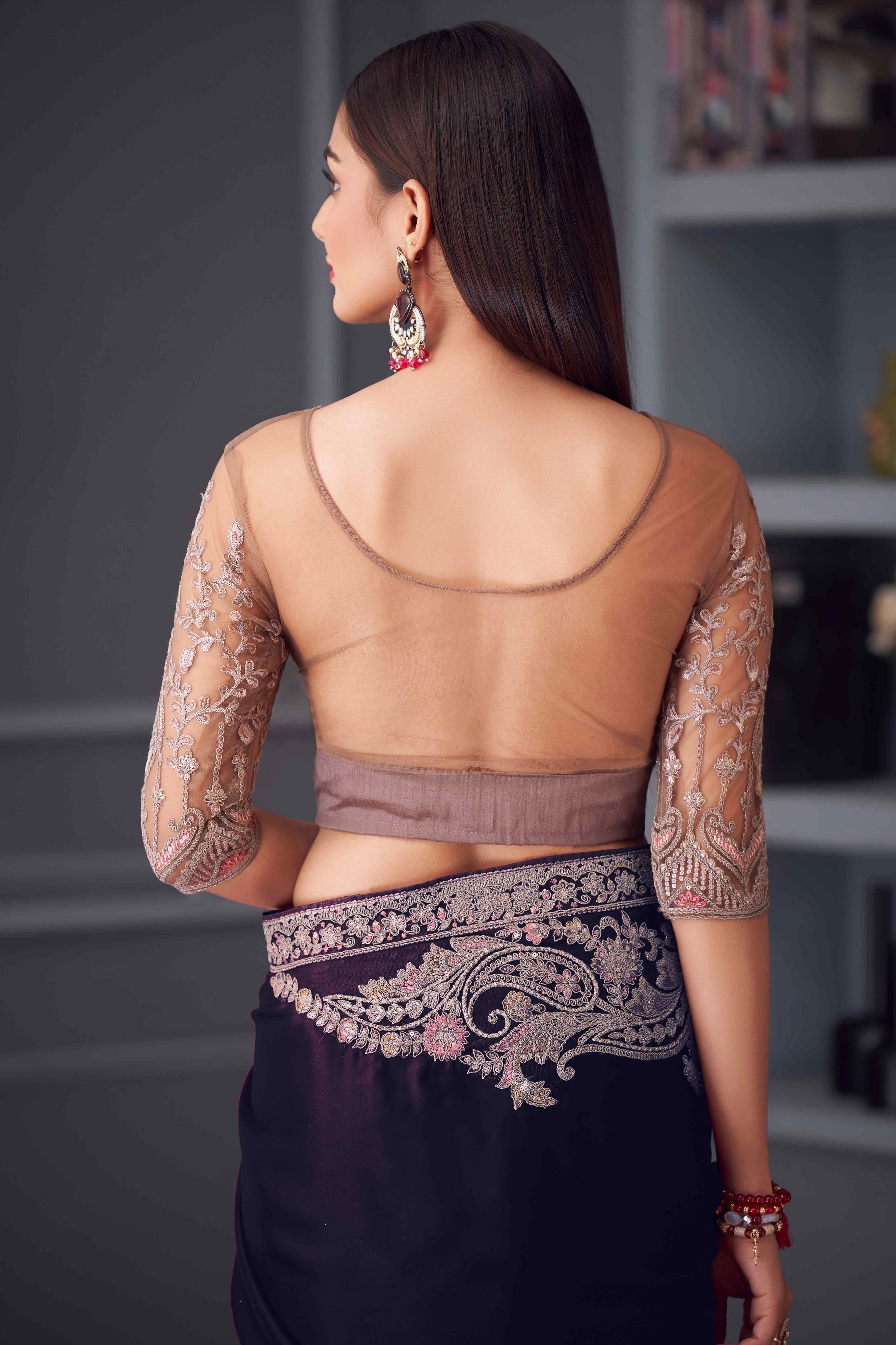 Wine Satin Saree Embellished with Sequin Work