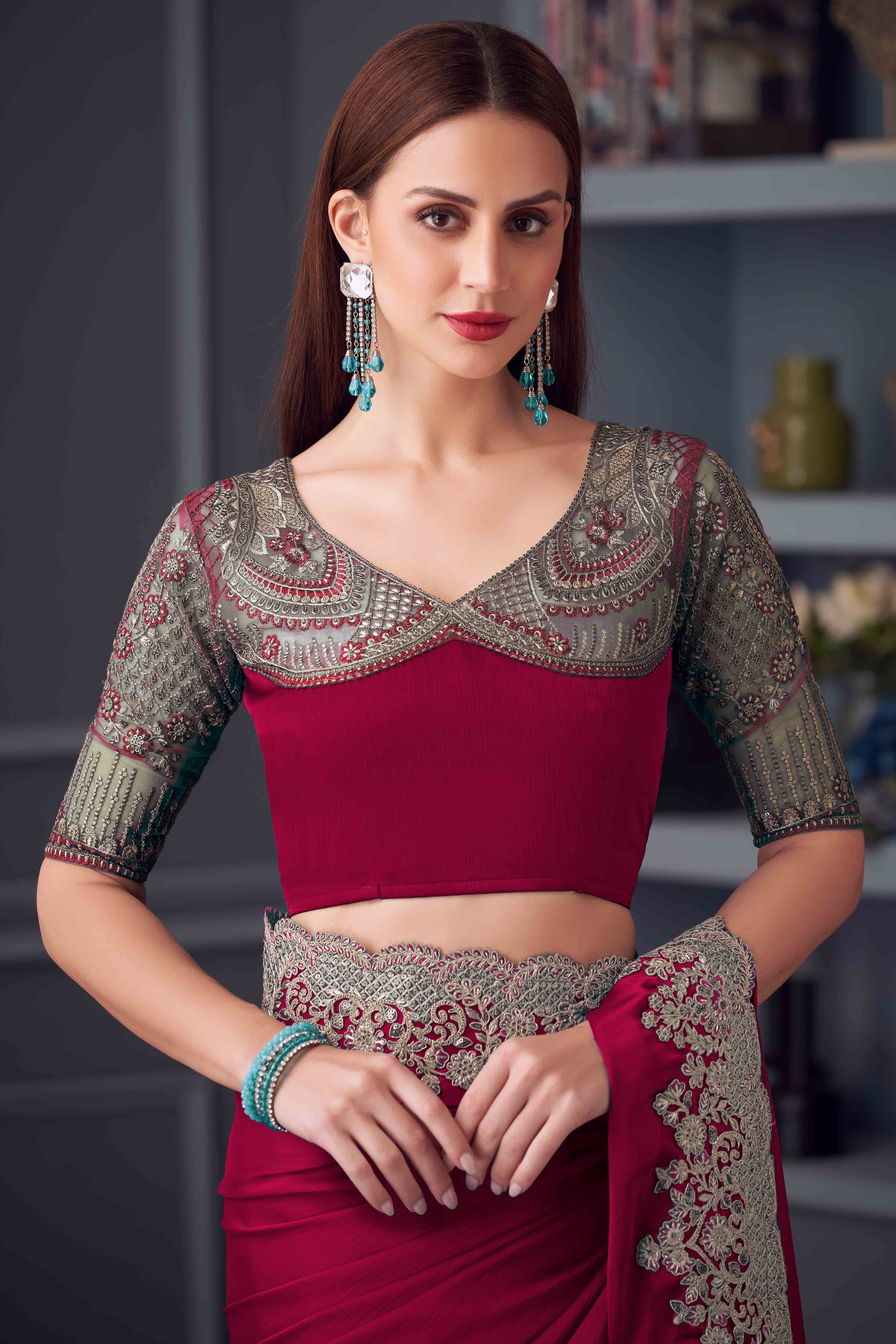 Dark Pink Chiffon Saree with Embellished Border