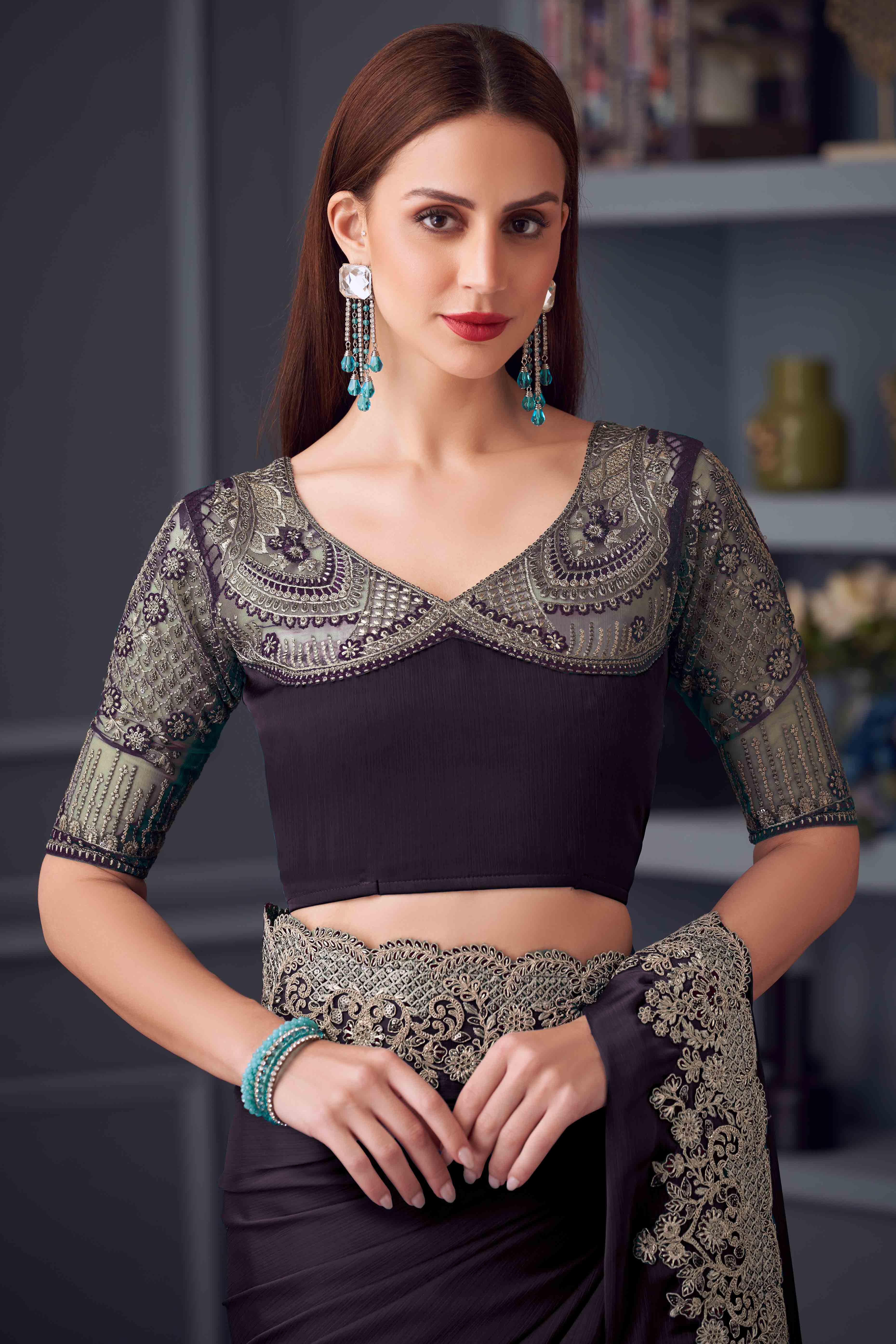 Wine Chiffon Saree with Embellished Border