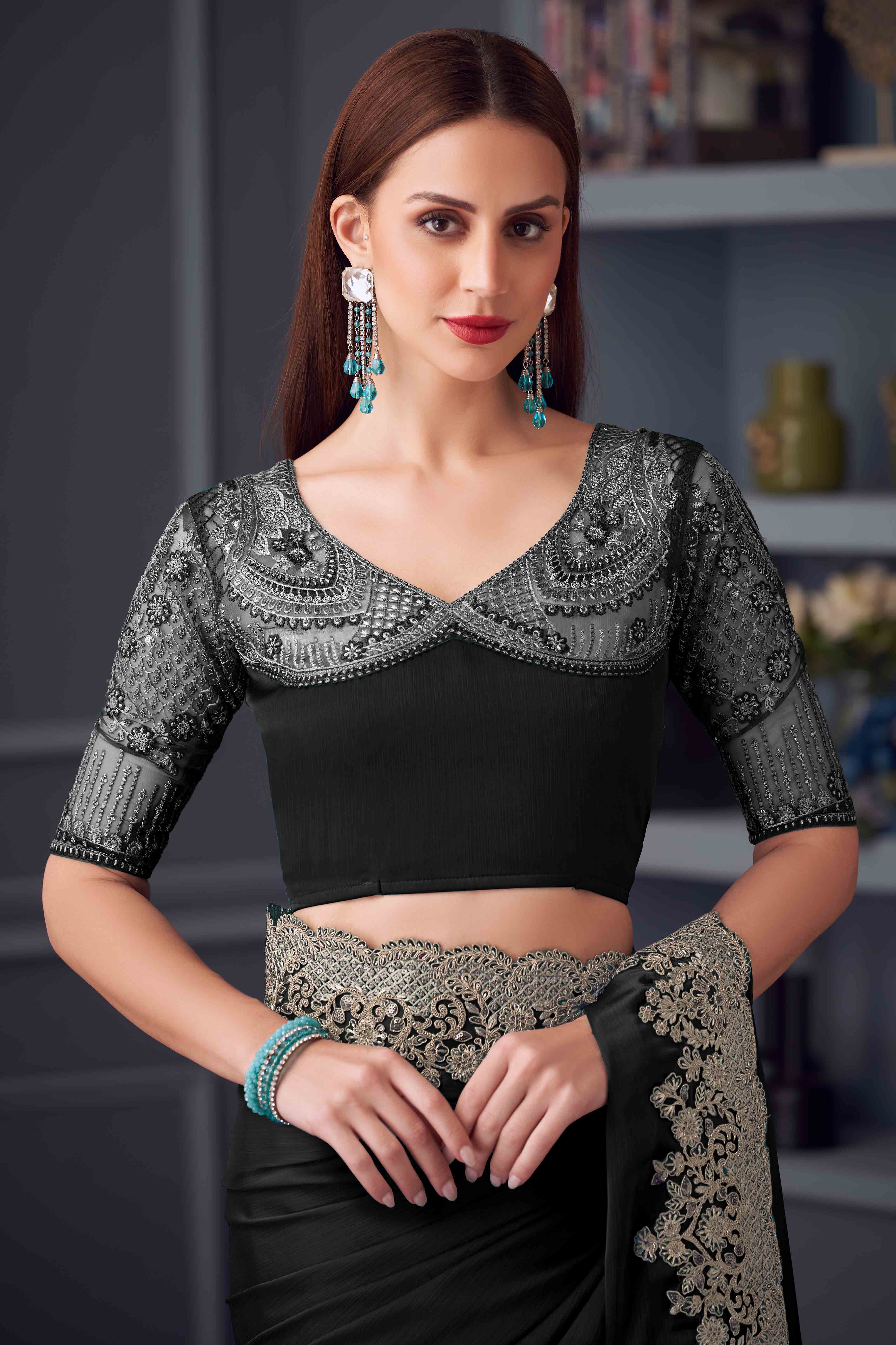 Black Chiffon Saree with Embellished Border