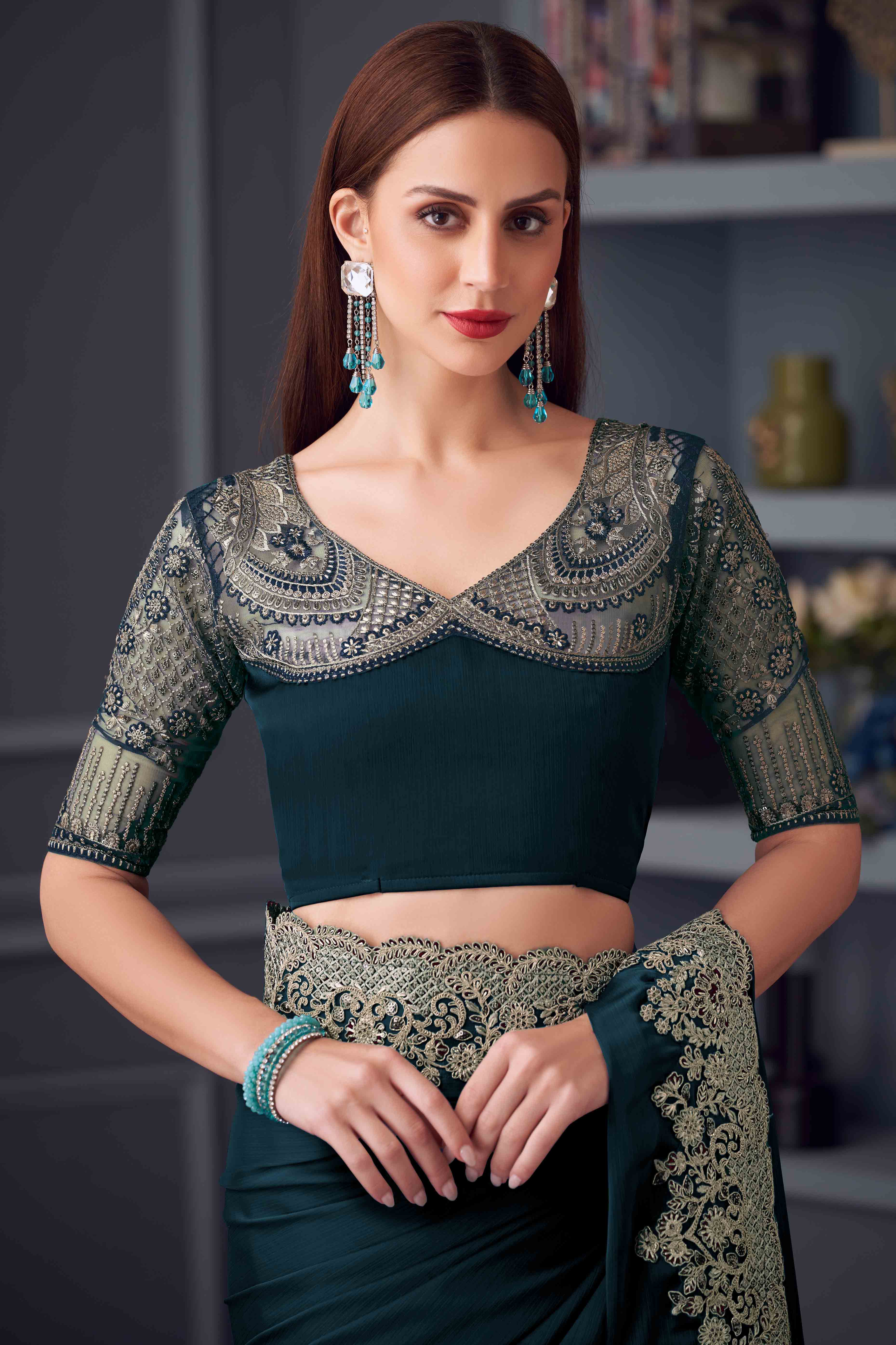 Morpich Green Chiffon Saree with Embellished Border