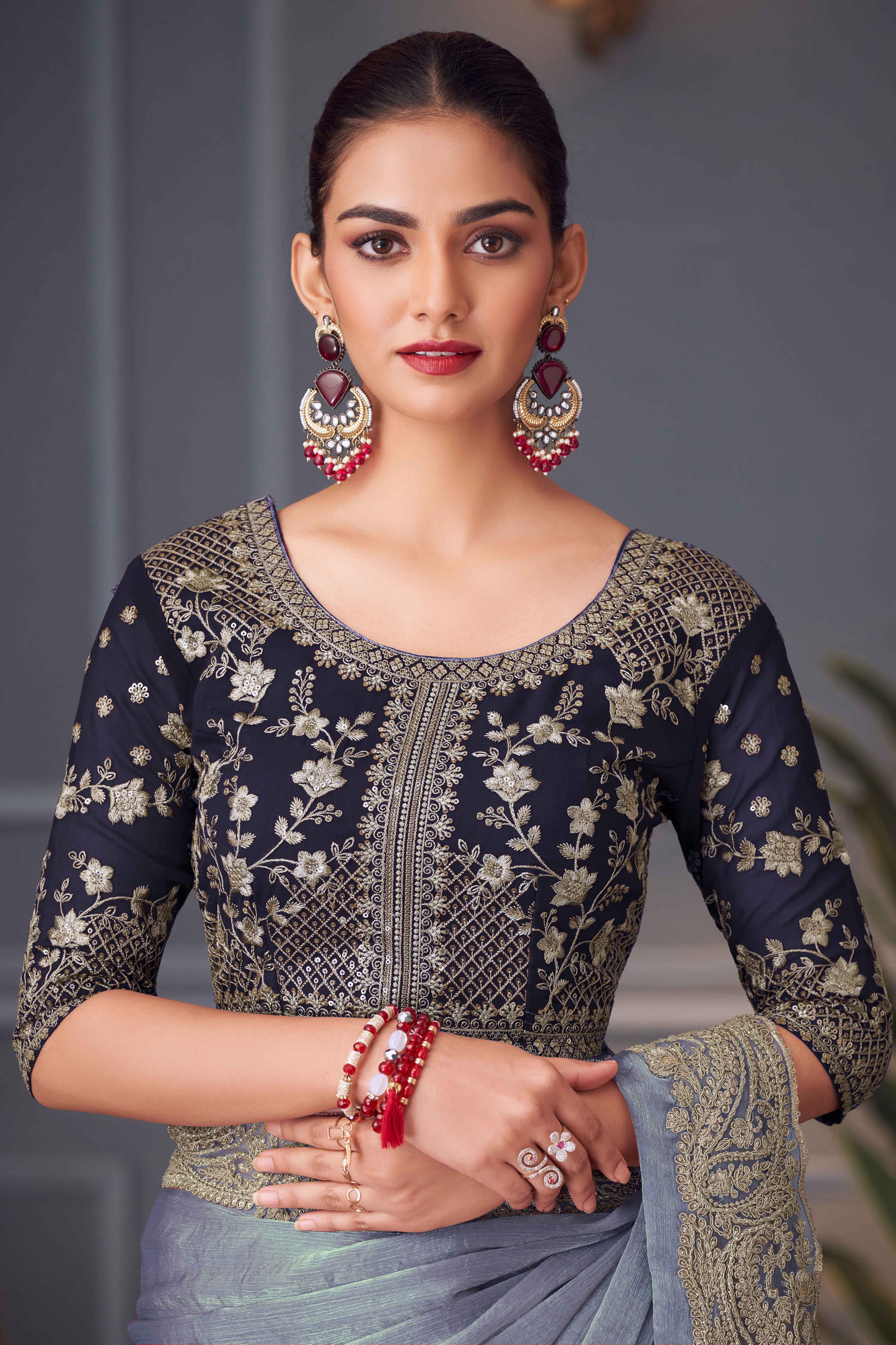 Bluish Grey Partywear Chiffon Saree with Ornate Border Detailing