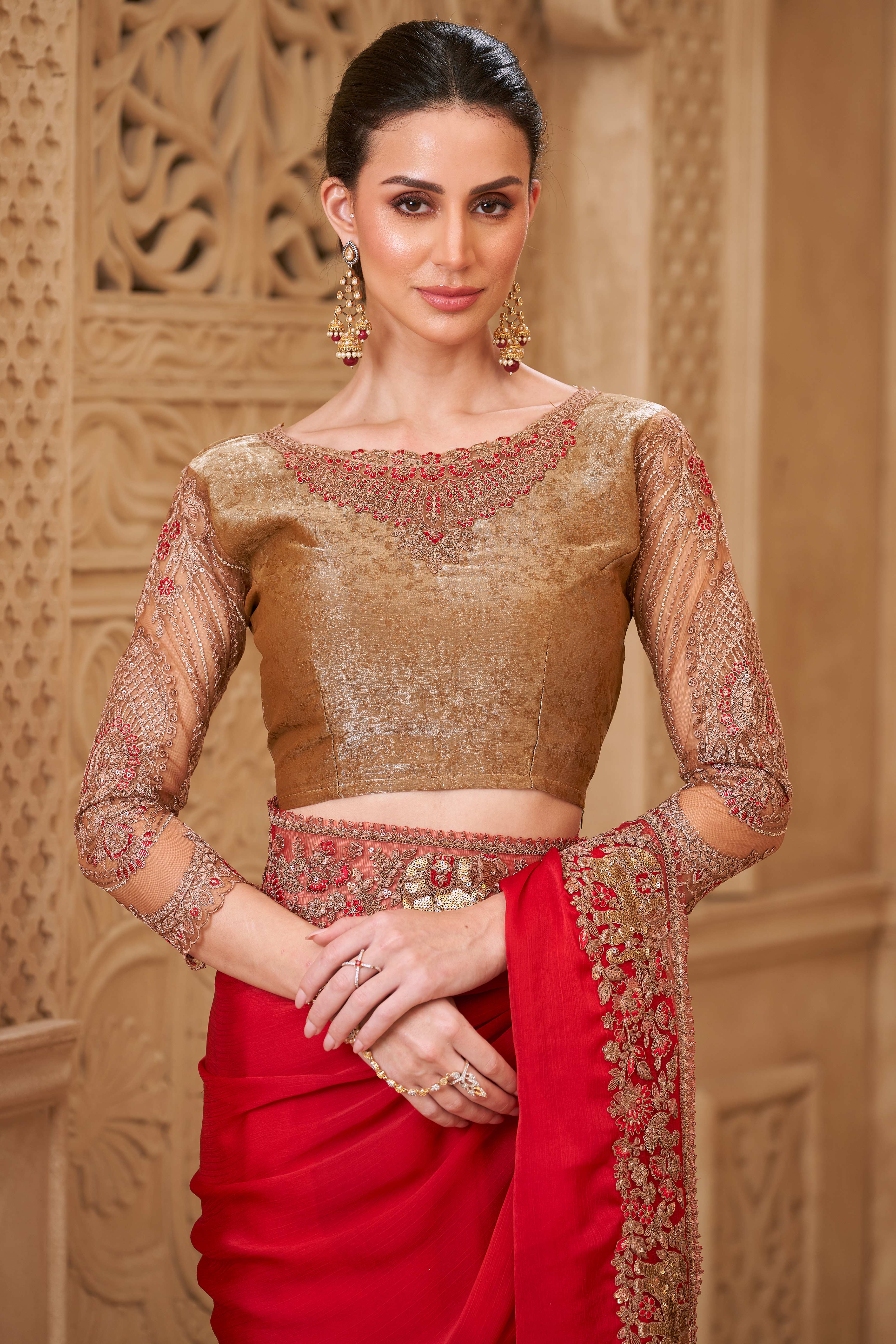 Designer Red Thread Embroidered Satin Saree with Sequin Highlights