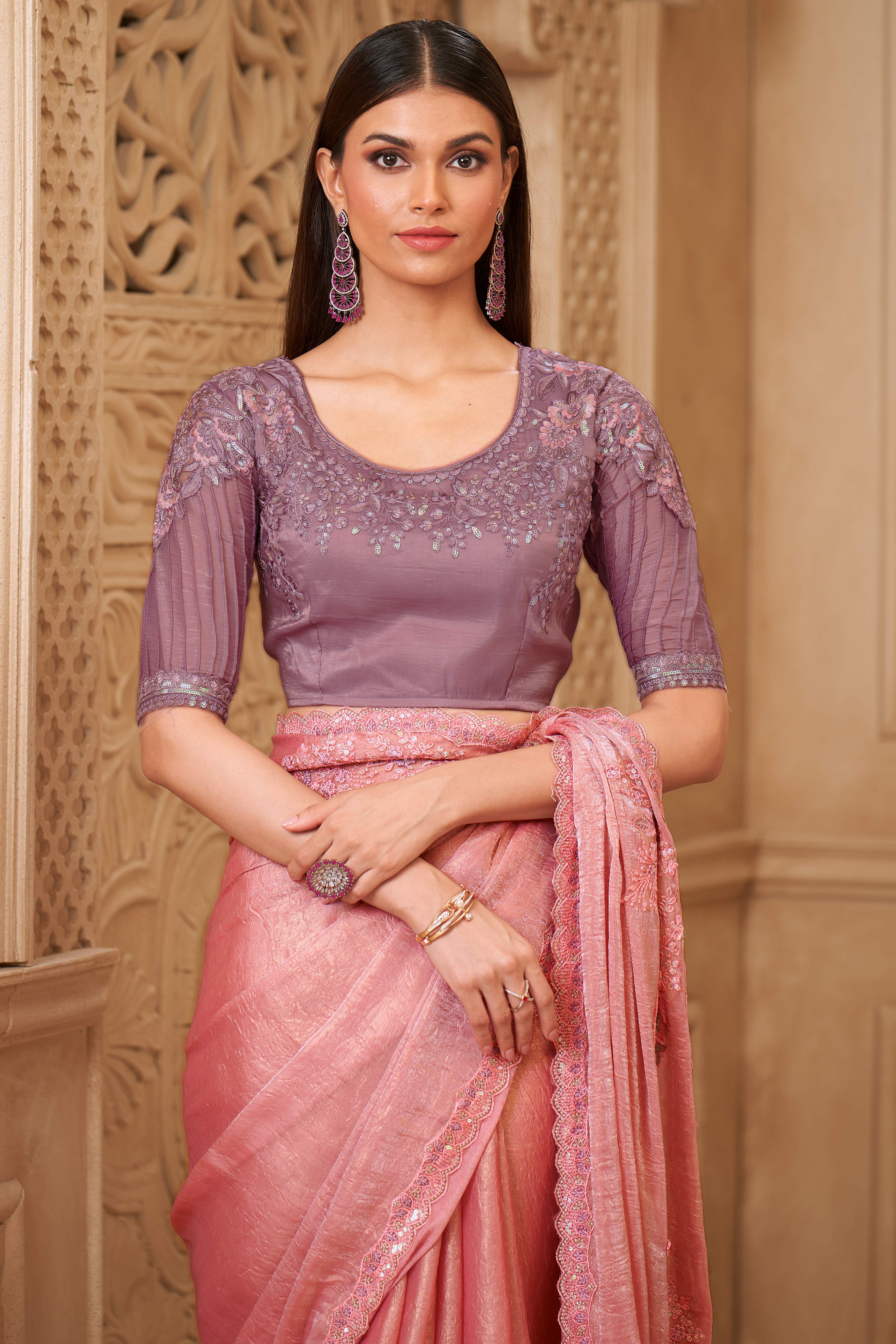 Shimmering Salmon Pink Georgette Saree with Graceful Thread Embellishment and Sequins