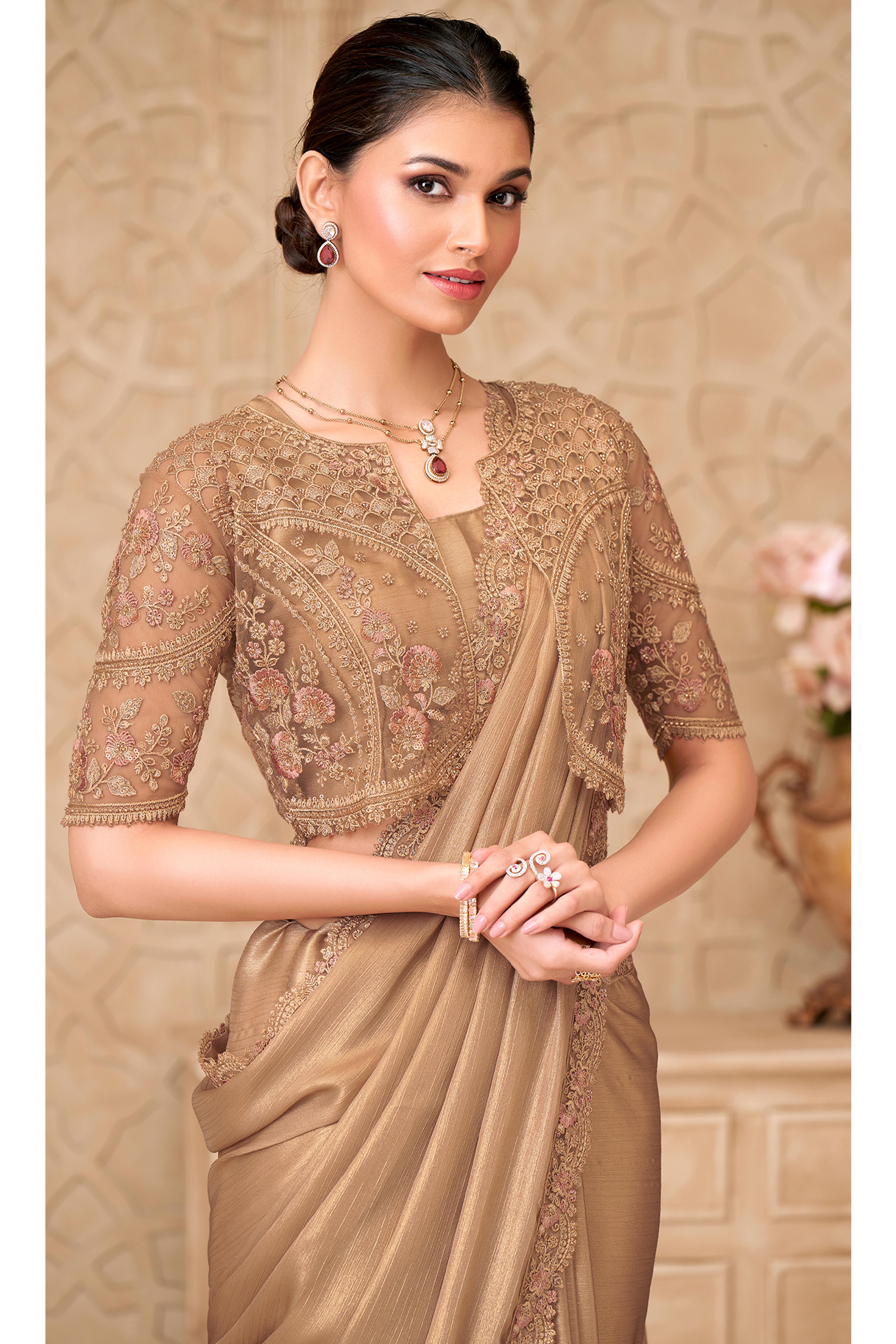 Shimmering Beige Georgette Saree with Graceful Thread Embellishment and Sequins
