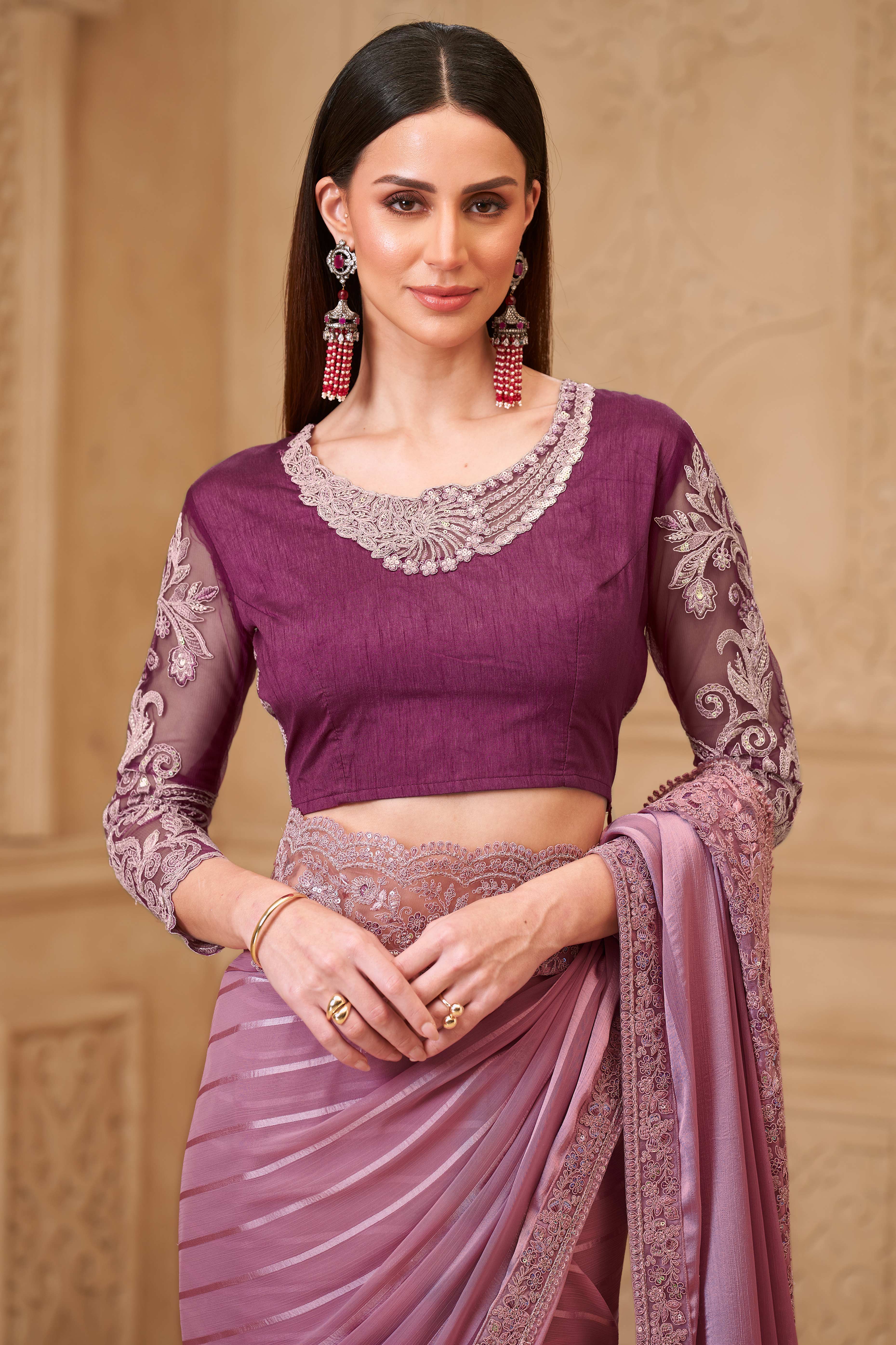 Stylish Light Pink Chiffon Saree Crafted with Sequin Detailing and Thread Embroidery