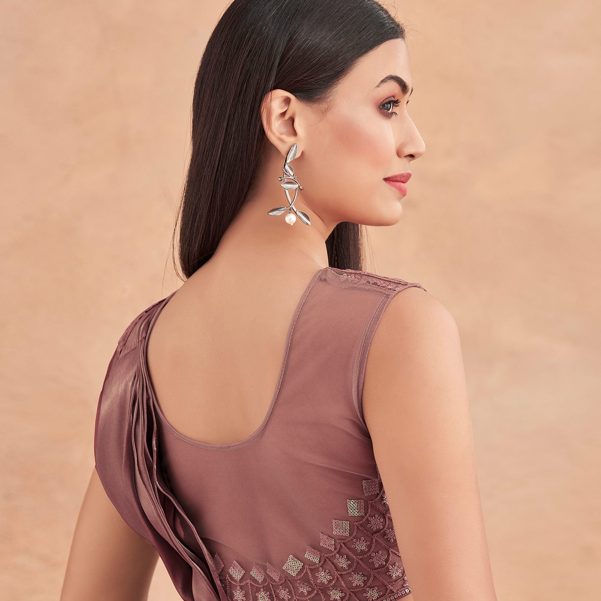 Rust Sequins Embroidered Ready To Wear Satin Silk Saree