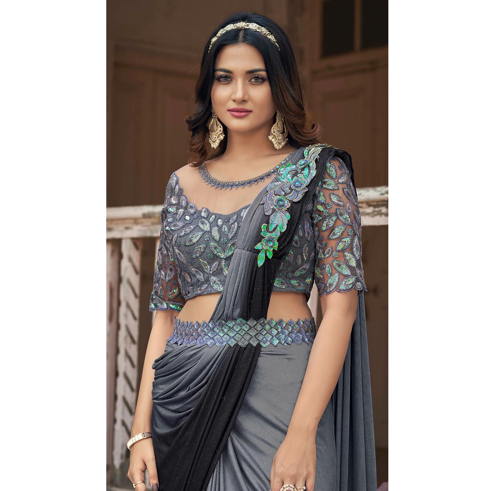 Grey Sequins Embroidered Ready To Wear Lycra Saree