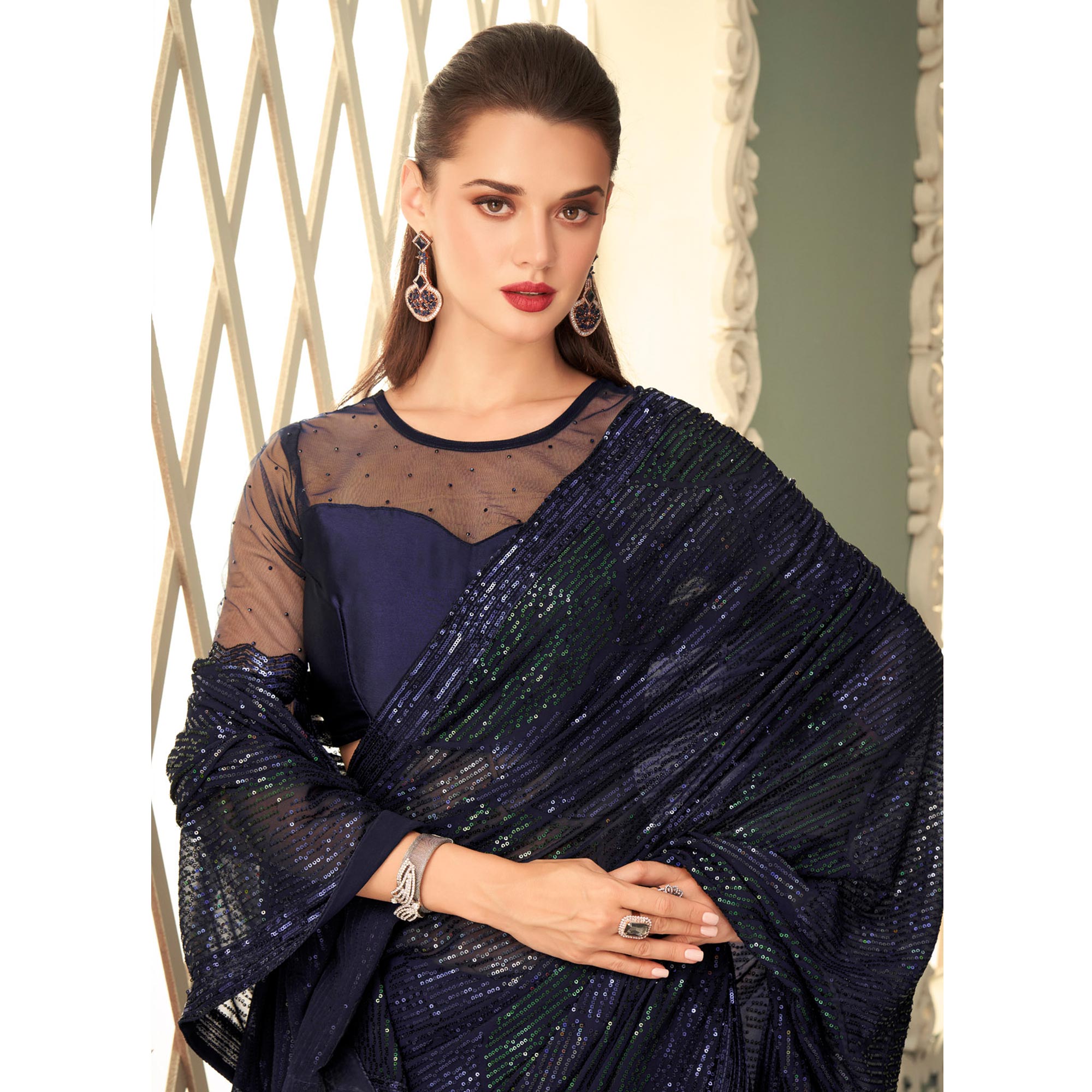Navy Blue Sequins Embroidered Georgette Saree