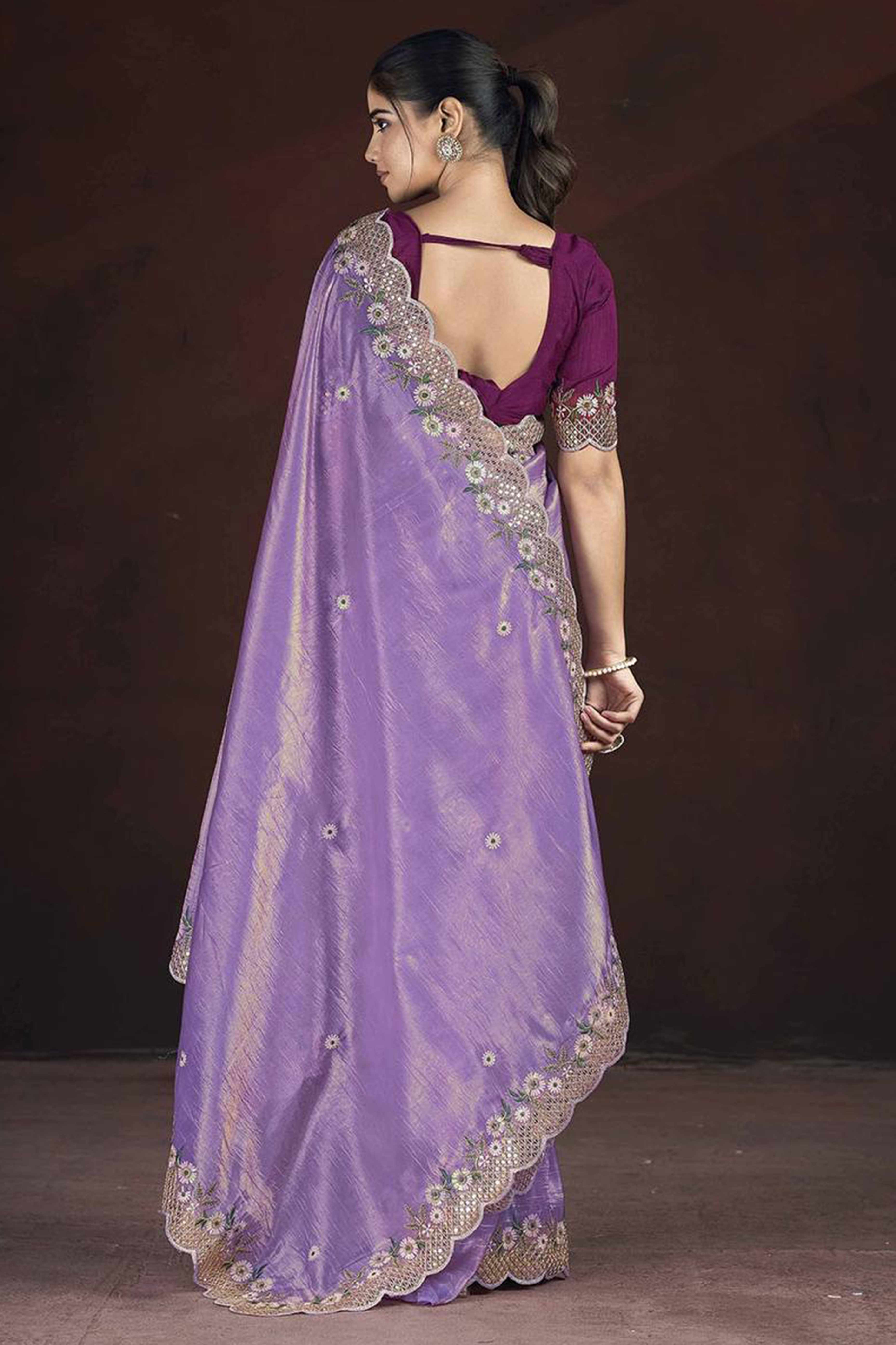 Lavender Organza Saree with Embroidery on the Edges for a Graceful Contemporary Look