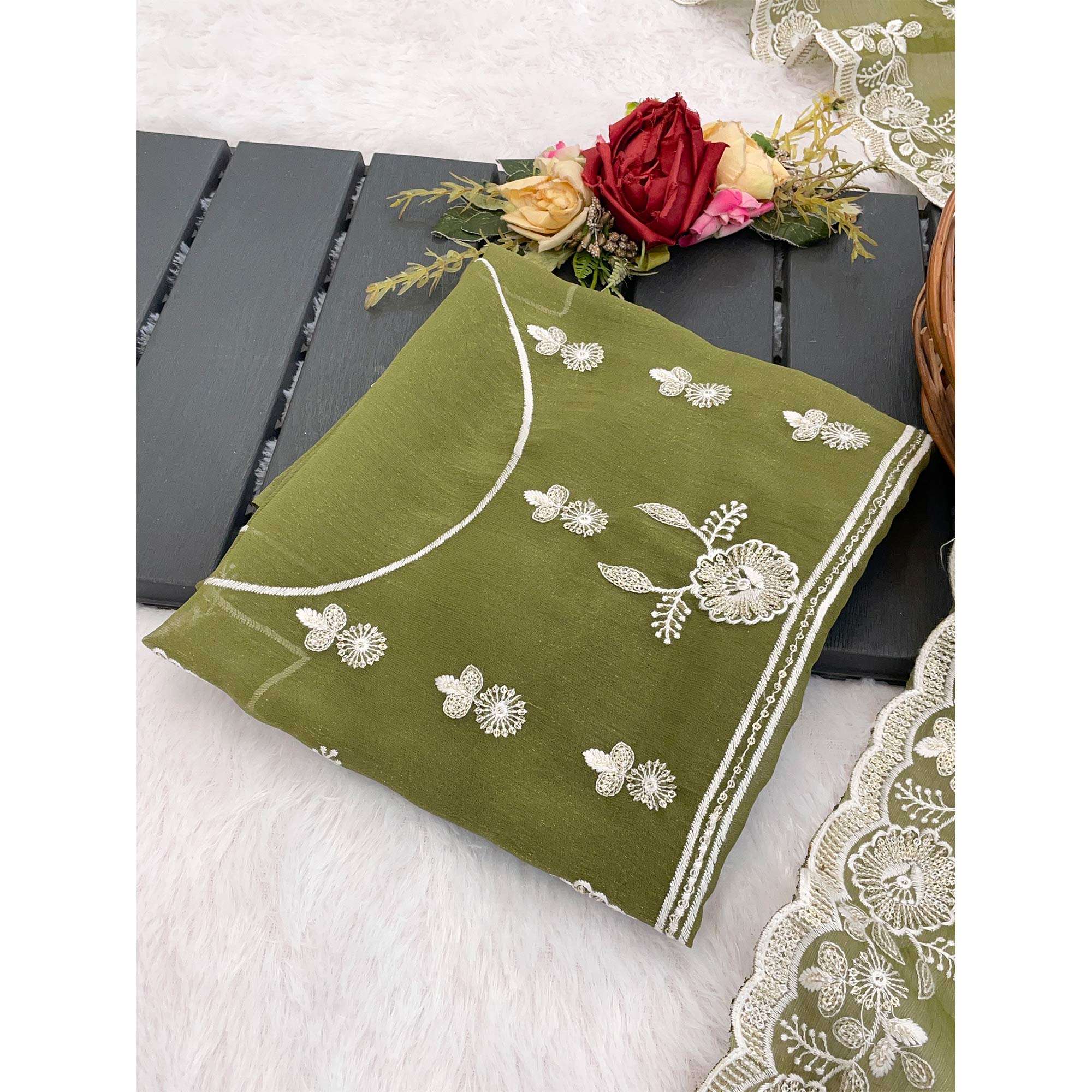 Green Shimmer Silk Saree with Graceful Floral Embroidery