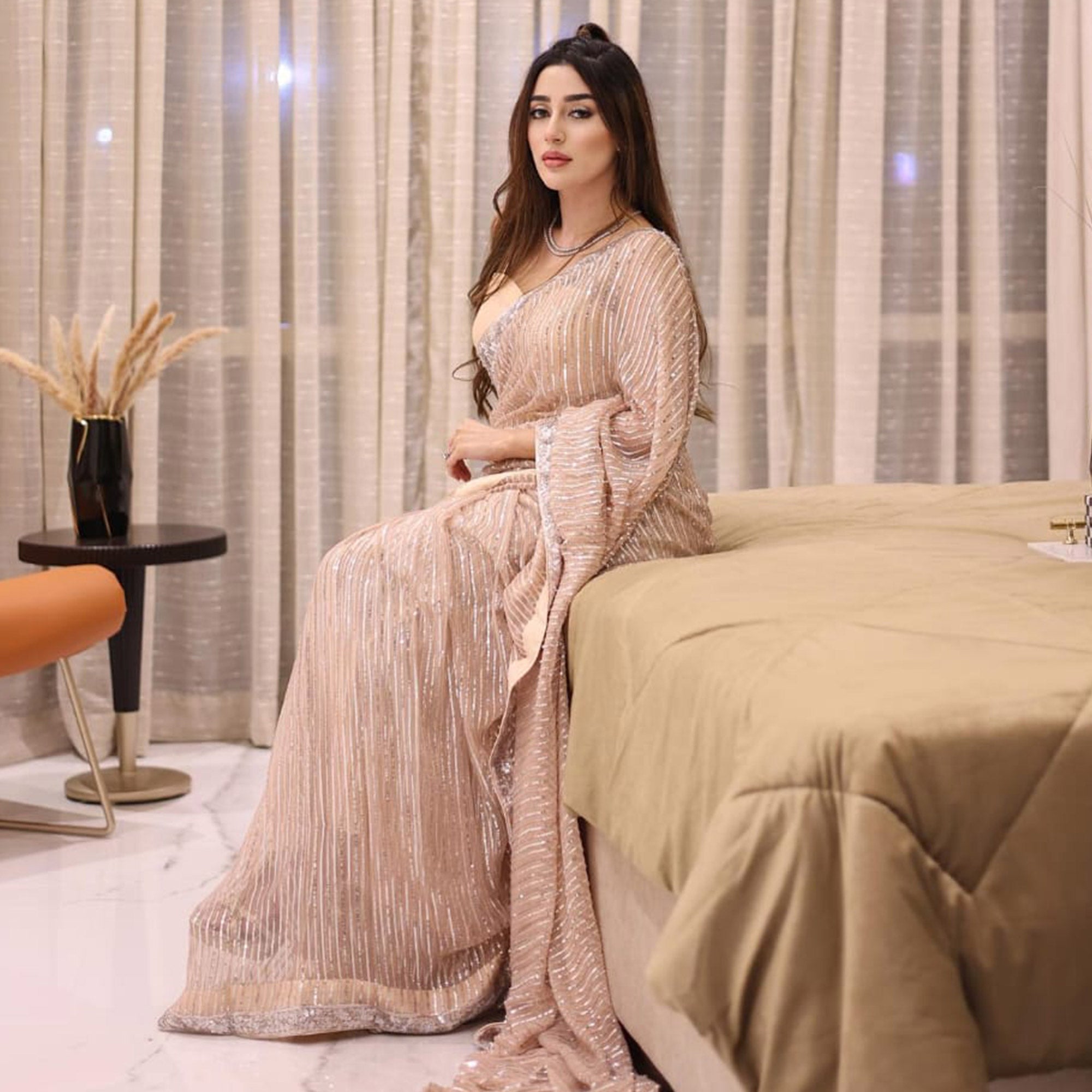 Peach Sequins Embroidered Georgette Saree